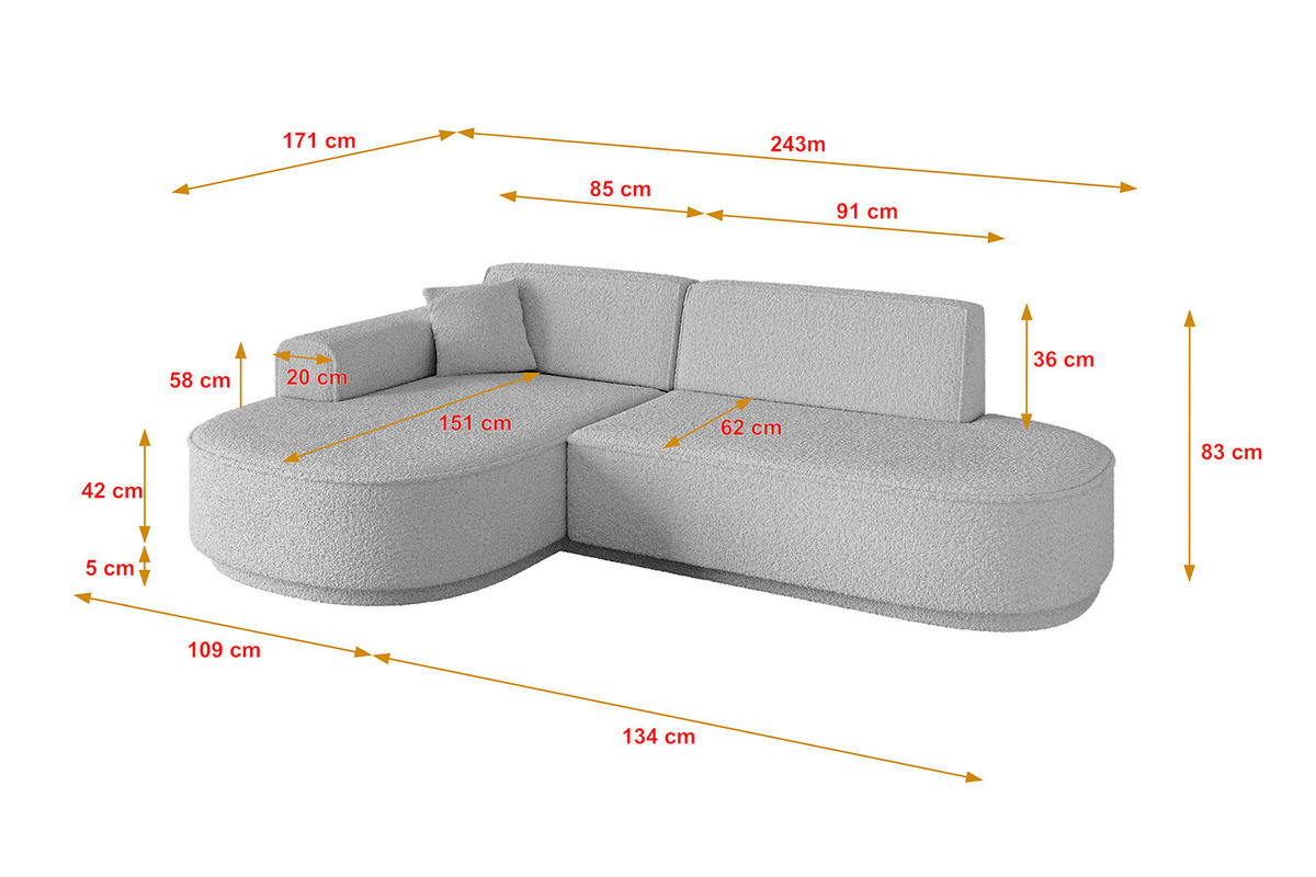 ECKSOFA Ottomane Links MARI-L1-v3 - 243x171x83 cm Hellgrau Bouclé - Hellgrau/Schwarz, Holzwerkstoff/Kunststoff (243/171cm) - ALTDECOR