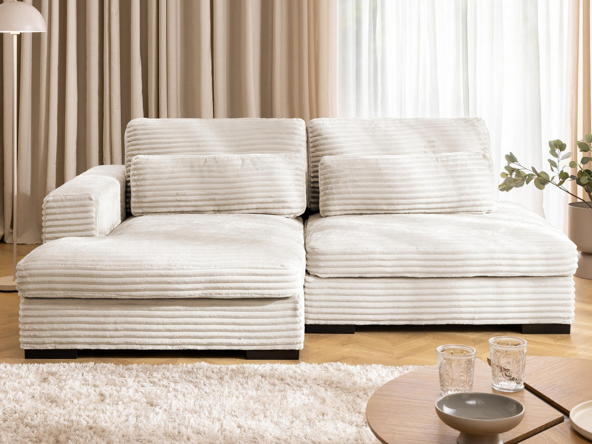 ECKSOFA Wolke mit tiefer Sitzfläche, Schlaffunktion und praktischem Bettkasten aus weichem Creme Cordstoff - Creme/Schwarz, Holz/Kunststoff (162/225cm) - S-Style