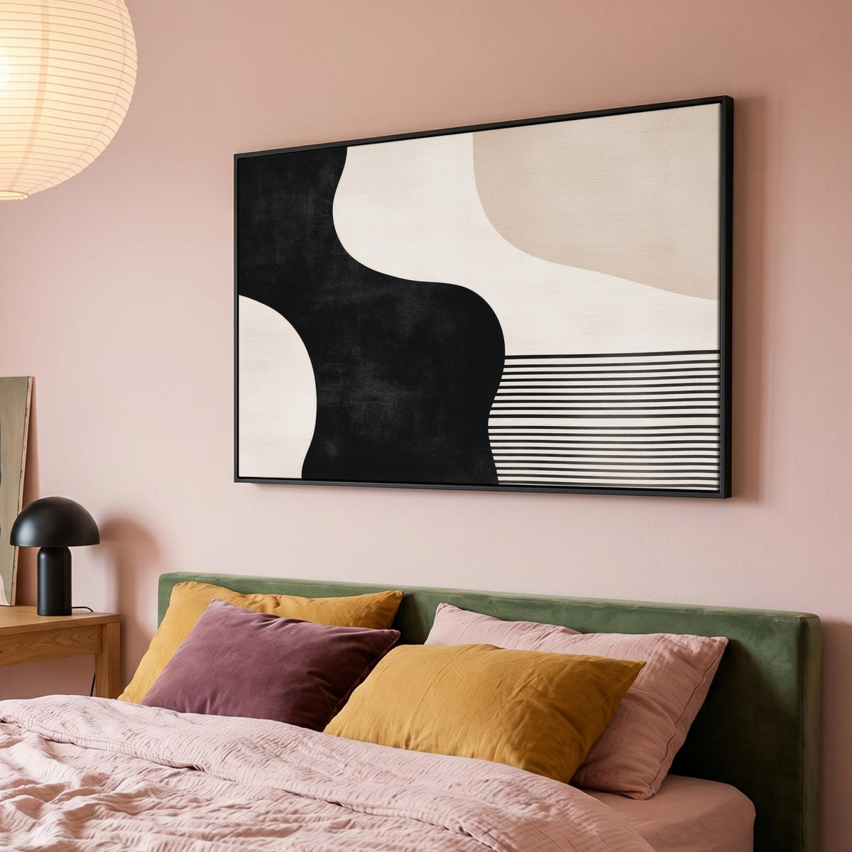 LEINWAND Bilder mit Rahmen - Abstrakt - Japandi - Beige - Modern - 120x80 - Schwarz, Textil (120/80cm) - MuchoWow
