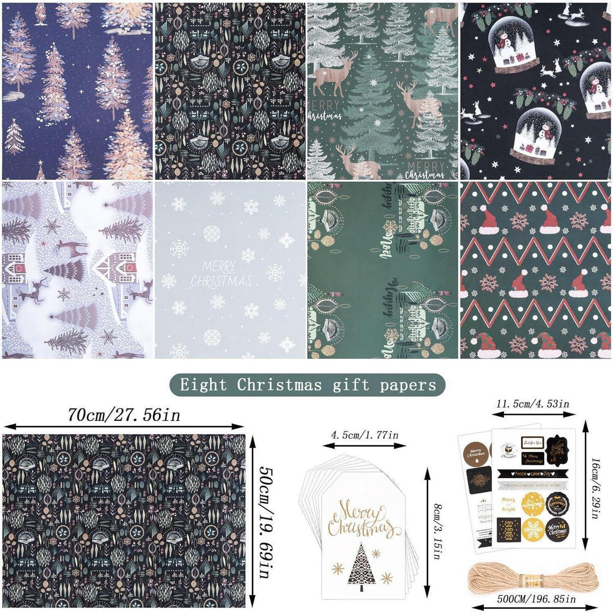 GESCHENKPAPIER Set Weihnachten 8 Blatt 70x50cm Mattes Kraftpapier mit Anhängern und Aufklebern - Multicolor, Papier (50/50/70.1cm)