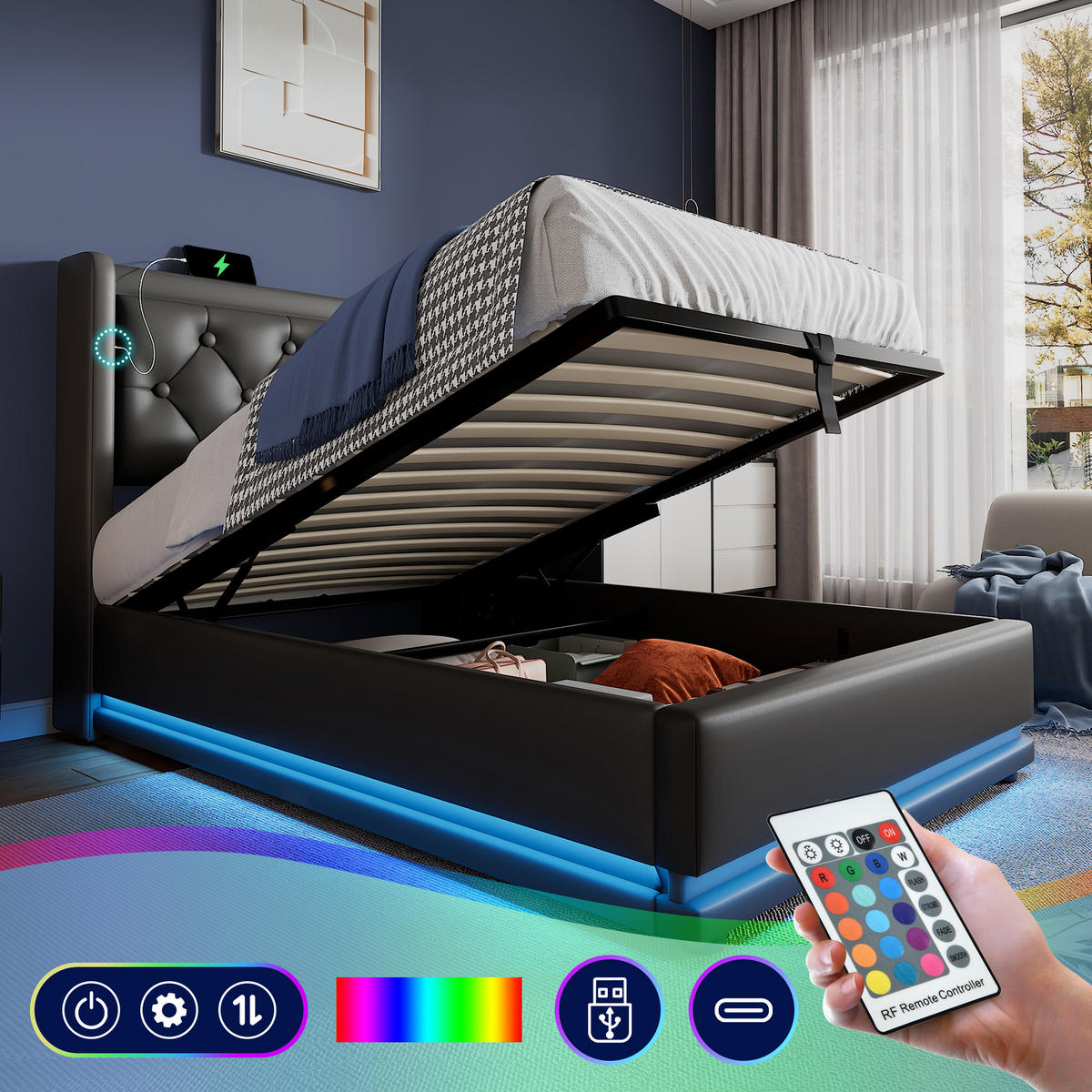 POLSTERBETT 90/200 cm Schwarz PU mit hydraulischem Stauraum und USB-Anschlüssen - Schwarz, Kunststoff (90/200cm) - OKWISH