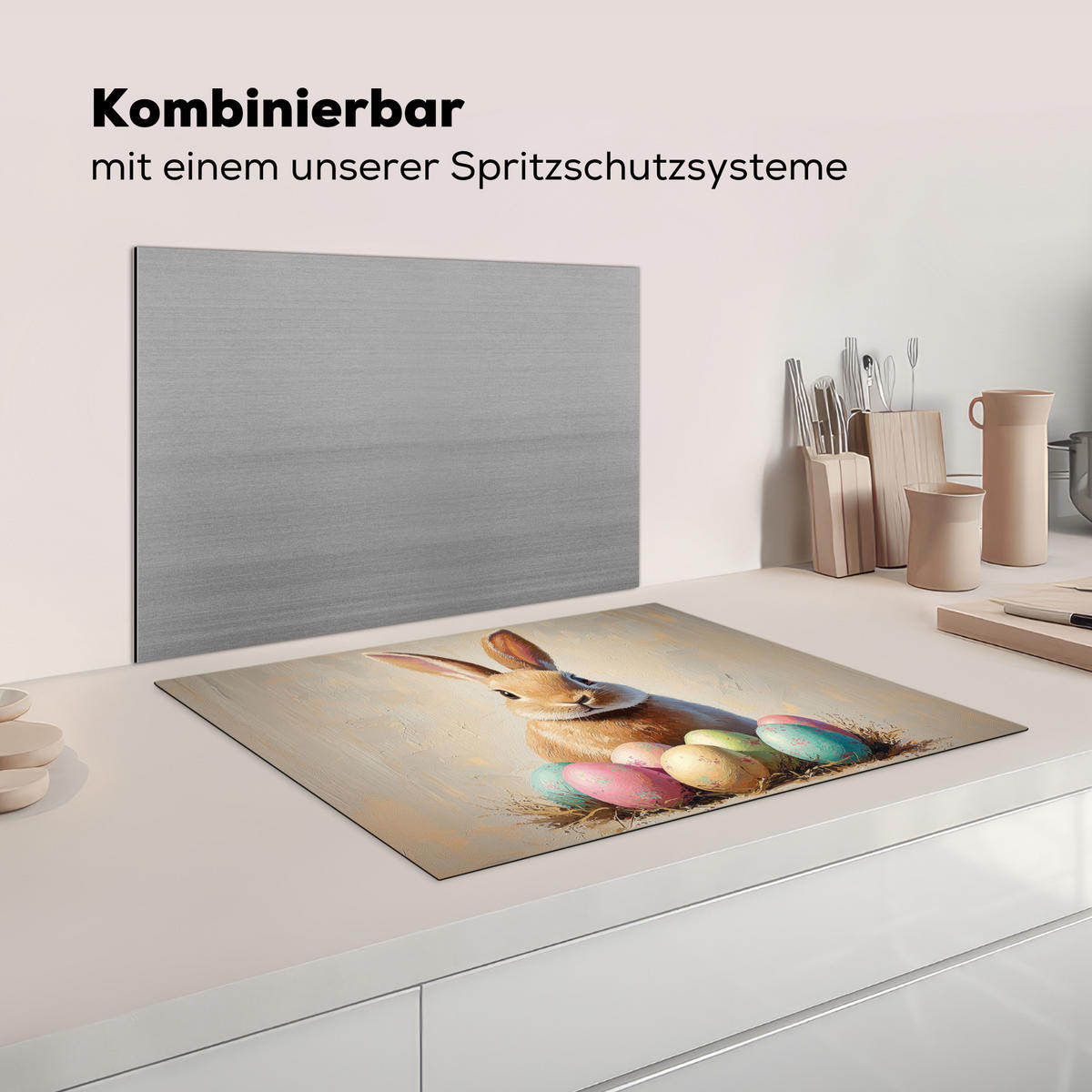 HERDABDECKPLATTE Osterhase - Pastell - Eier Induktionsmatte 71x52 cm - Beige, Kunststoff (71/52/0.2cm) - MuchoWow