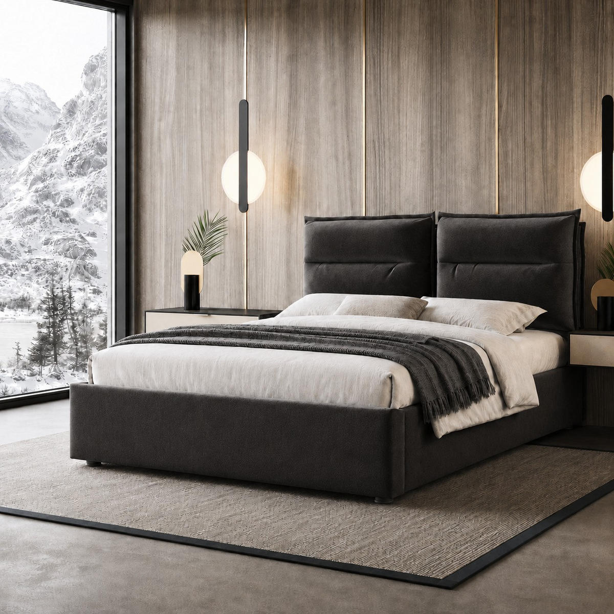 POLSTERBETT 140/200 mit hydraulischem Bettkasten, höhenverstellbarem Kopfteil und weichem Samtbezug in Schwarz - Schwarz, Holzwerkstoff/Textil (140/200cm) - EVRYAE