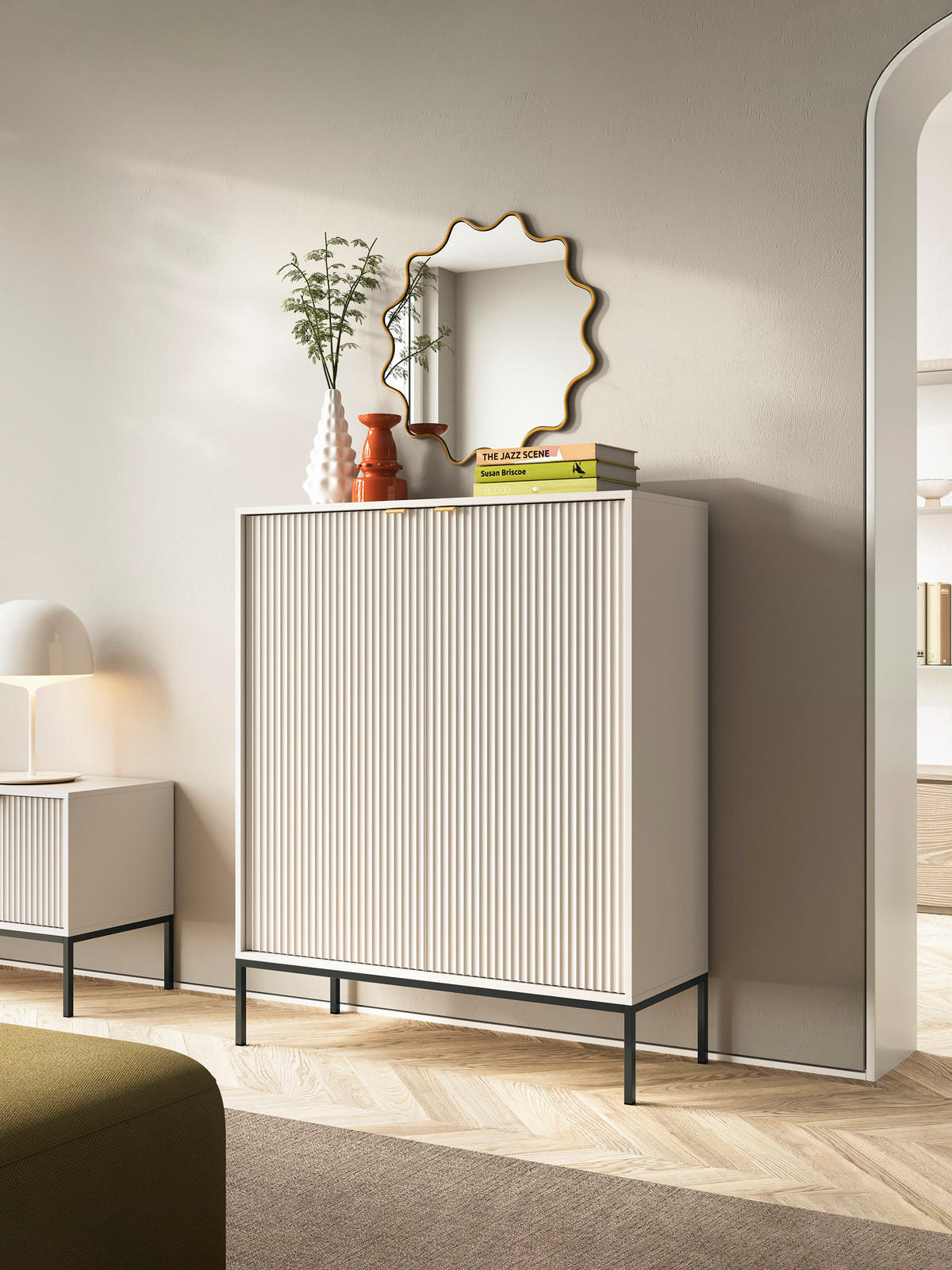 KOMMODE Kioto 104 cm in Kaschmir, zweitürig mit geriffelten Fronten - Kaschmir/Goldfarben, Holzwerkstoff/Metall (104/125/39cm) - Ravio