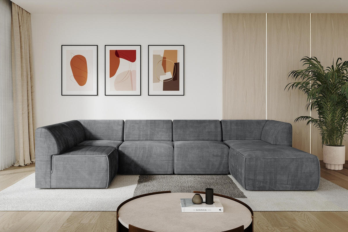 WOHNLANDSCHAFT Ottomane Rechts MOVA 345x180x78 Dunkelgrau Cord - Dunkelgrau/Anthrazit, Holzwerkstoff/Kunststoff (345/78/180cm) - ALTDECOR
