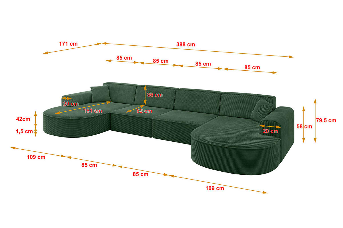 WOHNLANDSCHAFT MARI-U2 - 388x171x79 cm Grün Cord - Schwarz/Grün, Holzwerkstoff/Kunststoff (388/79/171cm) - ALTDECOR