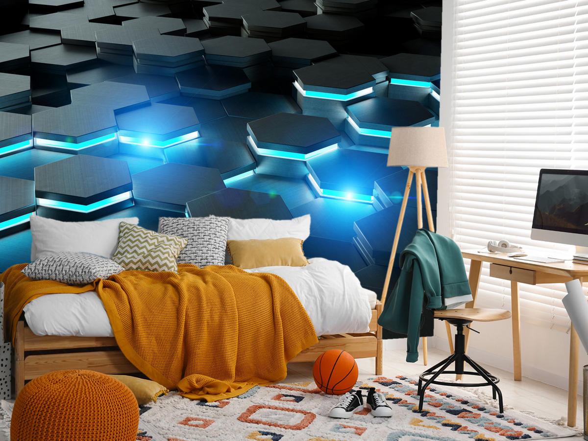FOTOTAPETE für Jugendzimmer Schwarz Blau Hexagone 500x350 - Blau/Schwarz, Papier (500/350cm) - Muralo