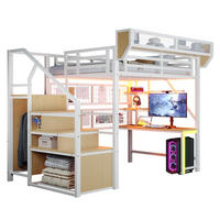 VISOKA postelja 140/200 cm bela z mizo, policami in LED osvetlitvijo iz kovine in MDF - bela, leseni material (140/200cm) - OKWISH