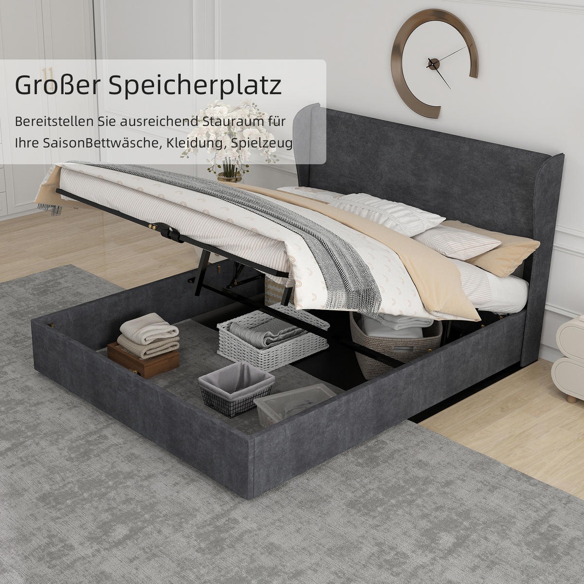 POLSTERBETT 160/200 cm in Grau Samt mit Gepolstertem Kopfteil - Grau, Holzwerkstoff/Textil (160/200cm) - WISHDOR