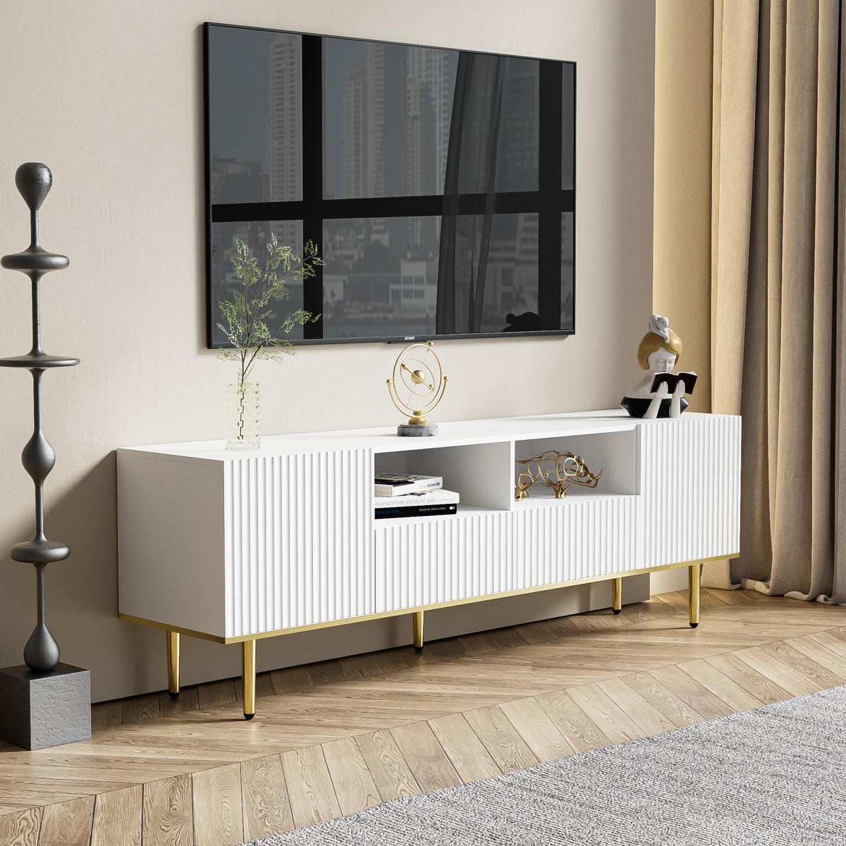 TV Lowboard goldene Füße, Stauraum, Weiß - Weiß, Holz (165/55/36cm)