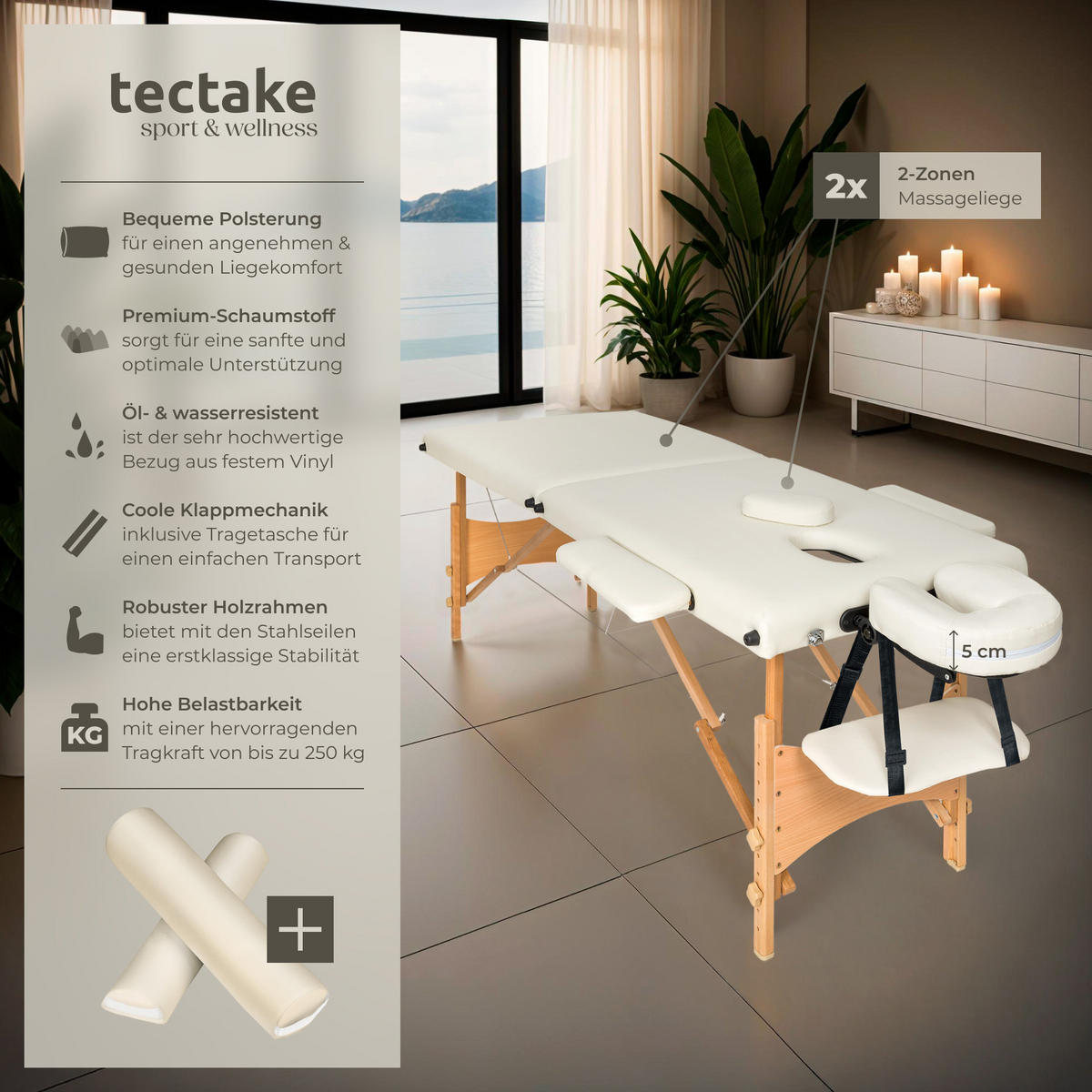 MASSAGELIEGE 2 Zonen Freddi,210 x 95 x 84 cm,beige - Beige, Holz (95/84/210cm) - tectake