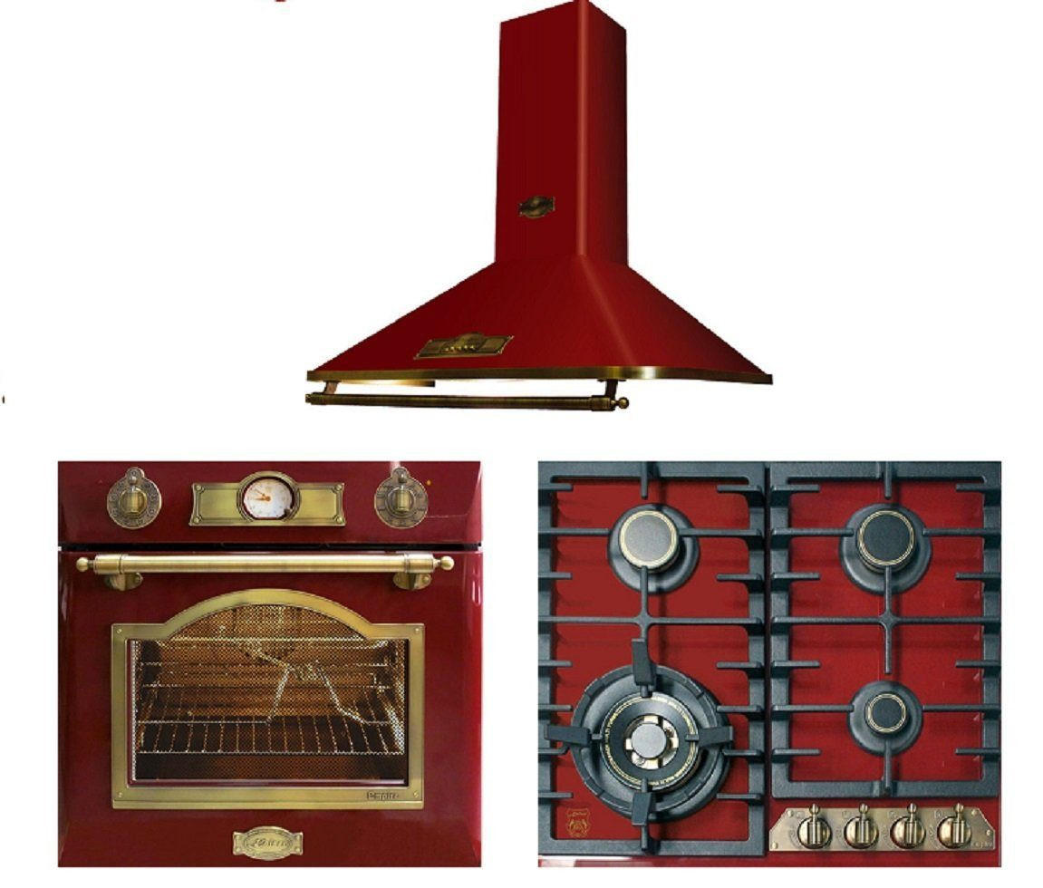 ELEKTRO-EINBAU-BACKOFEN 60 cm EH 6355 RotEm+Gas-Kochfeld 60 cm KCG 6335 RotEm+A 6315 RotEm ECO Dunstabzugshaube 60 cm - Rot, Metall (59.4/59.4/56.6cm) - Kaiser Küchengeräte