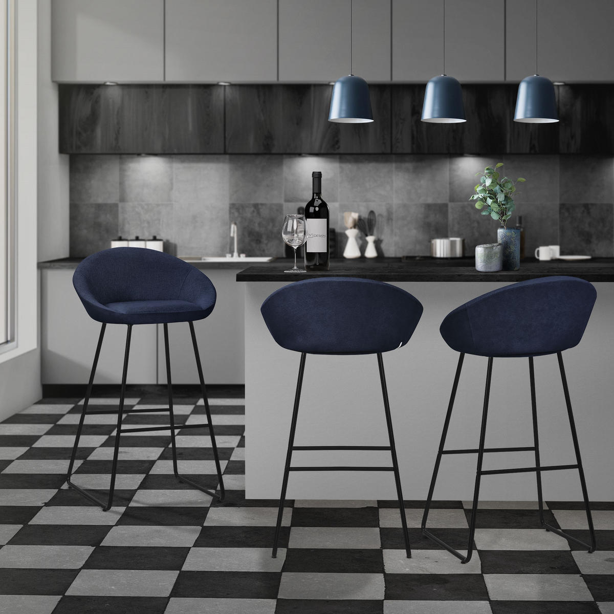 BARHOCKER 2er Set Dunkelblau mit Stoffbezug - Schwarz/Dunkelblau, Metall (56/94/50cm) - ML-DESIGN