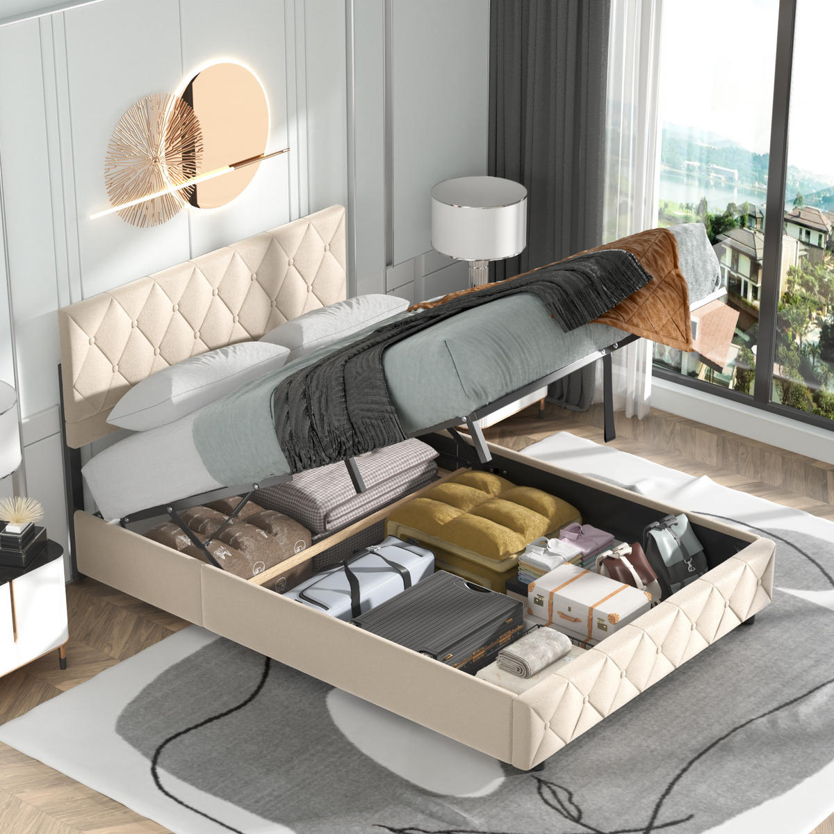 POLSTERBETT 140/200 cm aus Samt in Beige mit Stauraum und Lattenrost - Beige, Textil (140/200cm) - BEAOK