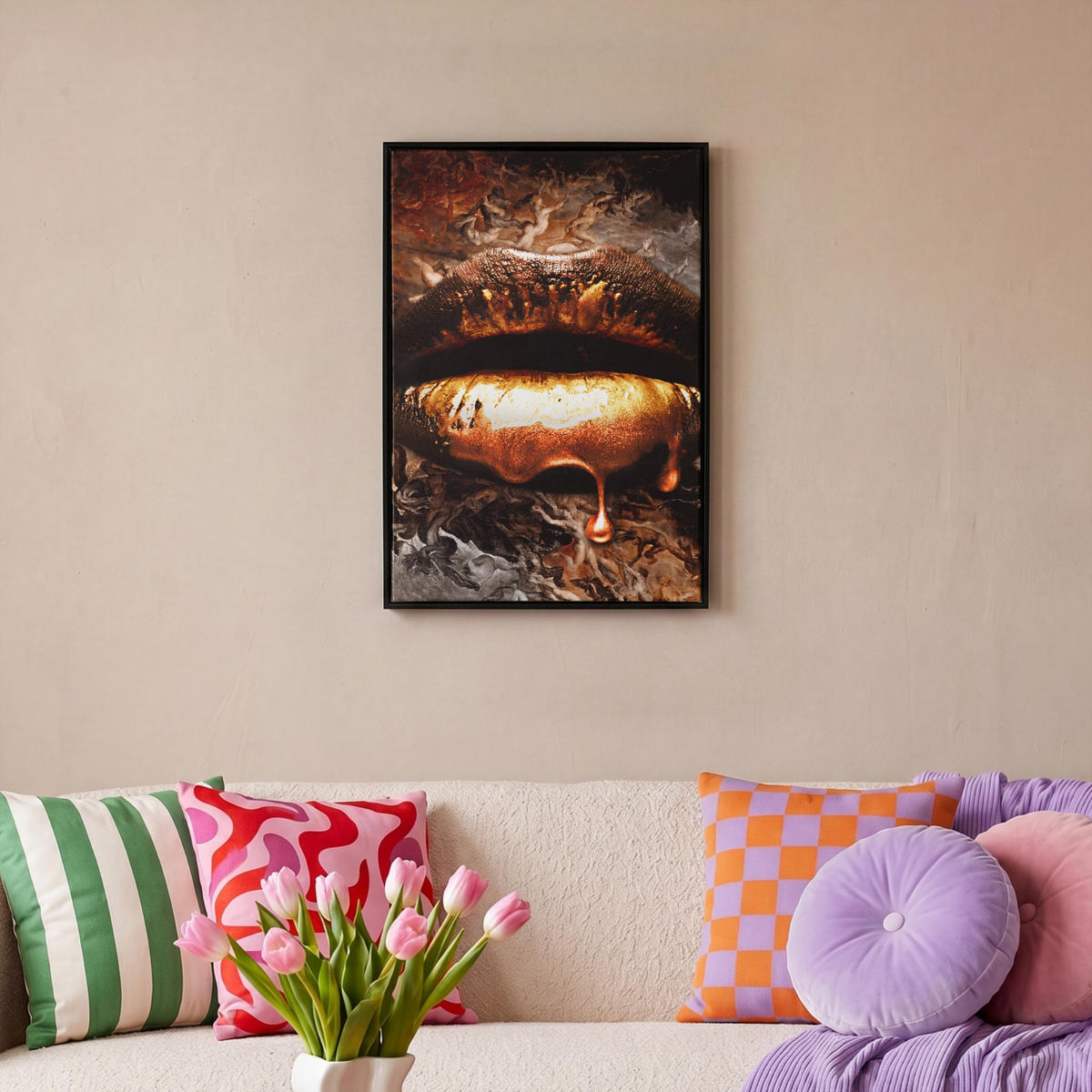 LEINWAND Bilder mit Rahmen - Gold - Lippen - Kunst - Gold - Luxus - Abstrakt - 40x60 - Kupferfarben, Textil (40/60cm) - MuchoWow