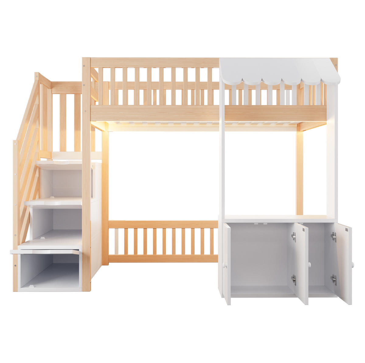 HOCHBETT aus Kiefernholz, Sperrholz und MDF 90x200 cm Holzfarbe mit Stauraumtreppe, LED-Lichtleiste und Stauraum - Naturfarben, Holz (90/200cm) - Modfu
