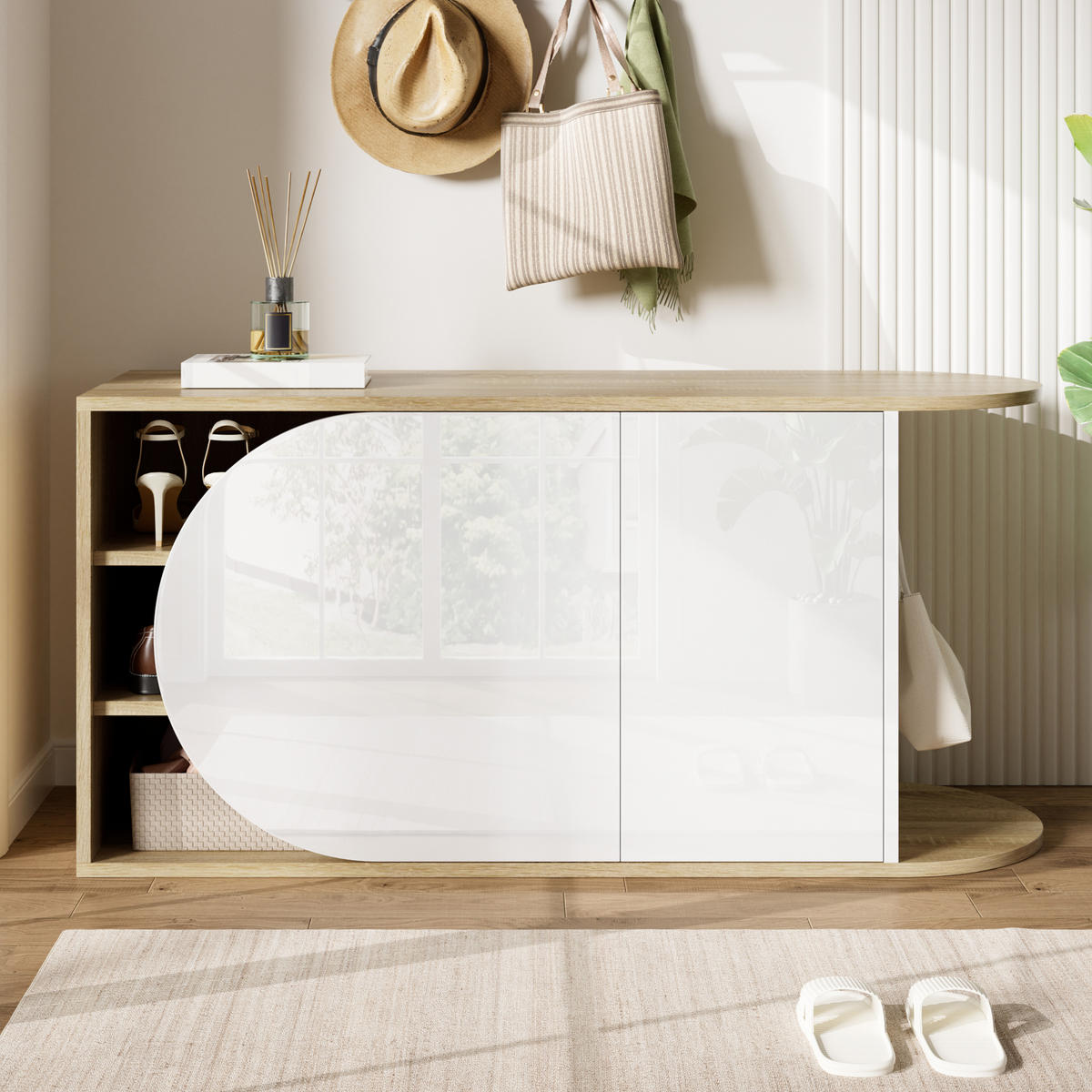 SCHUHBANK Weiß und Naturfarben 104/37/50 cm - Weiß, Holzwerkstoff (104/50/37cm) - PANGIVO