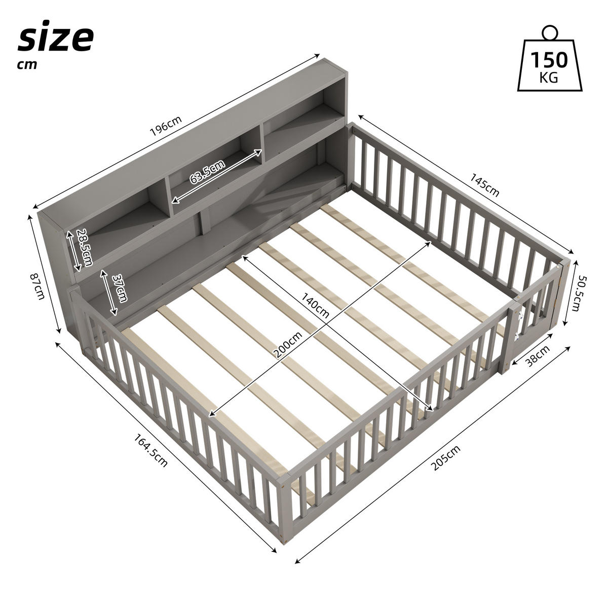 BODENBETT 140/200 cm grau mit Staufach und Lattenrost - Grau, Holz (140/200cm) - OKWISH
