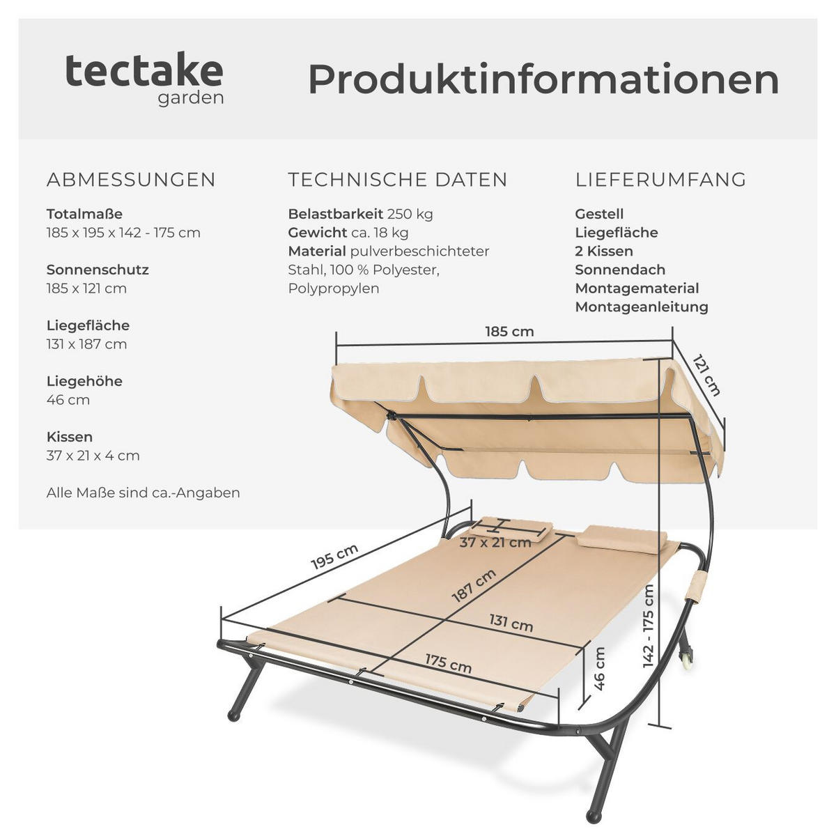 GARTENLIEGE Livorno, 215 x 183 x 150 cm, schwarz/beige - Beige/Schwarz, Kunststoff (185/175/195cm) - tectake