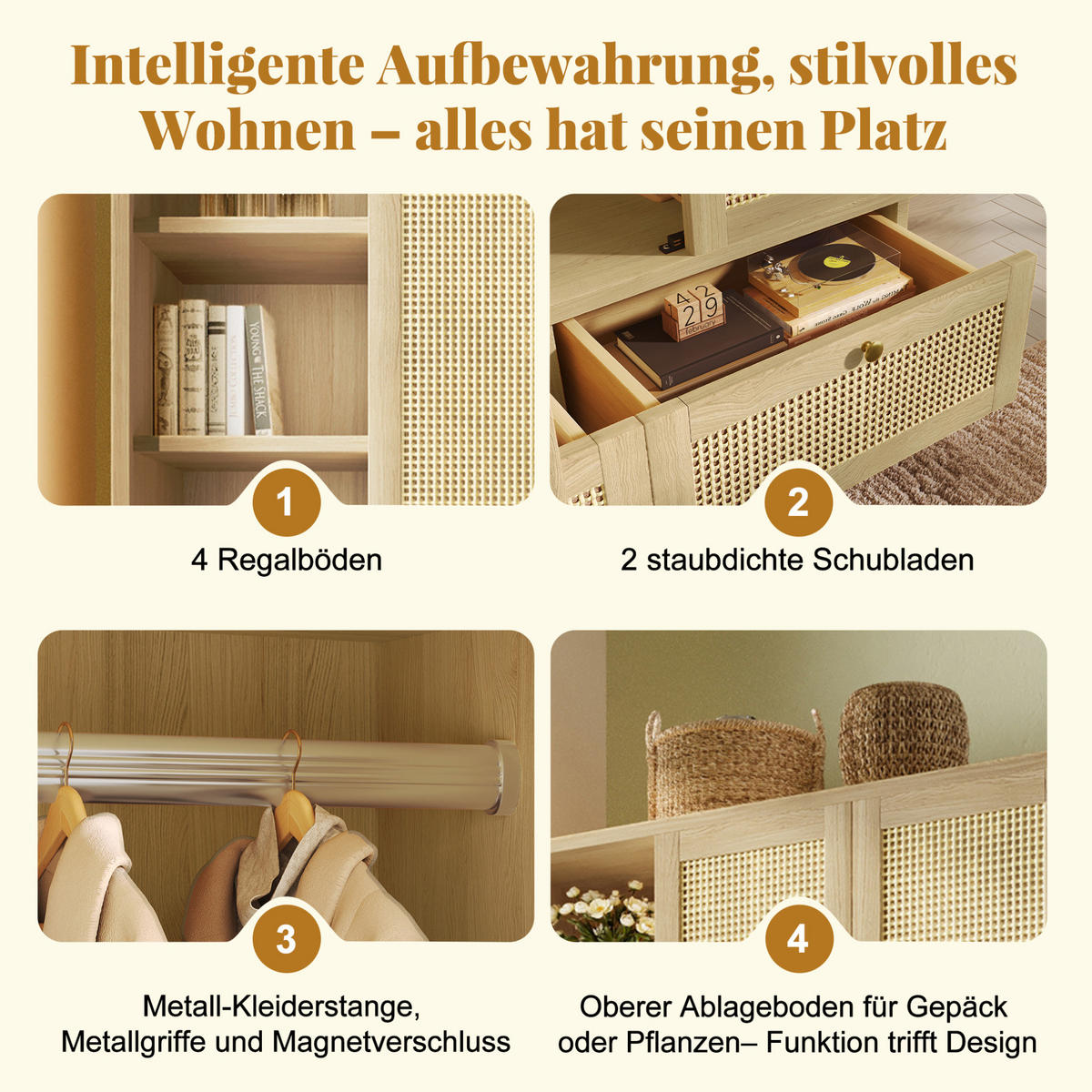 KLEIDERSCHRANK aus Holz mit Rattanoptik & 2 Schubladen, 120/50/180 cm, Eiche - Eichefarben, Holz (120/180/50cm) - Redom