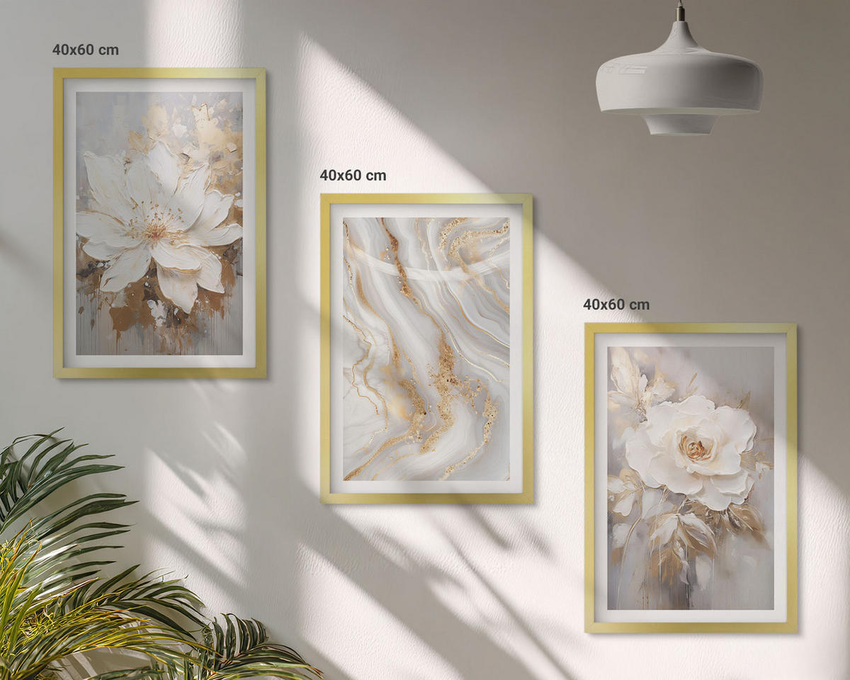 BILDER SET 3er Set - 40x60 cm Goldrahmen - Abstrakte Blumen aus Marmor - Goldfarben, Kunststoff (40/60cm) - TULUP