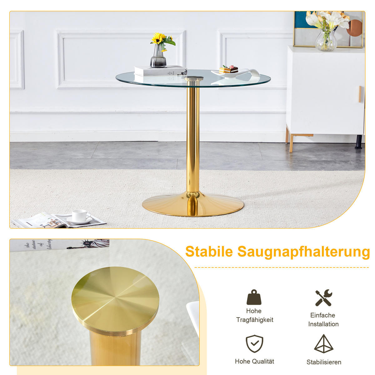 BARTISCH 85/85/76 cm mit Glasplatte und Metallgestell in Gold - Goldfarben, Holzwerkstoff (85/85/76cm) - BEAOK