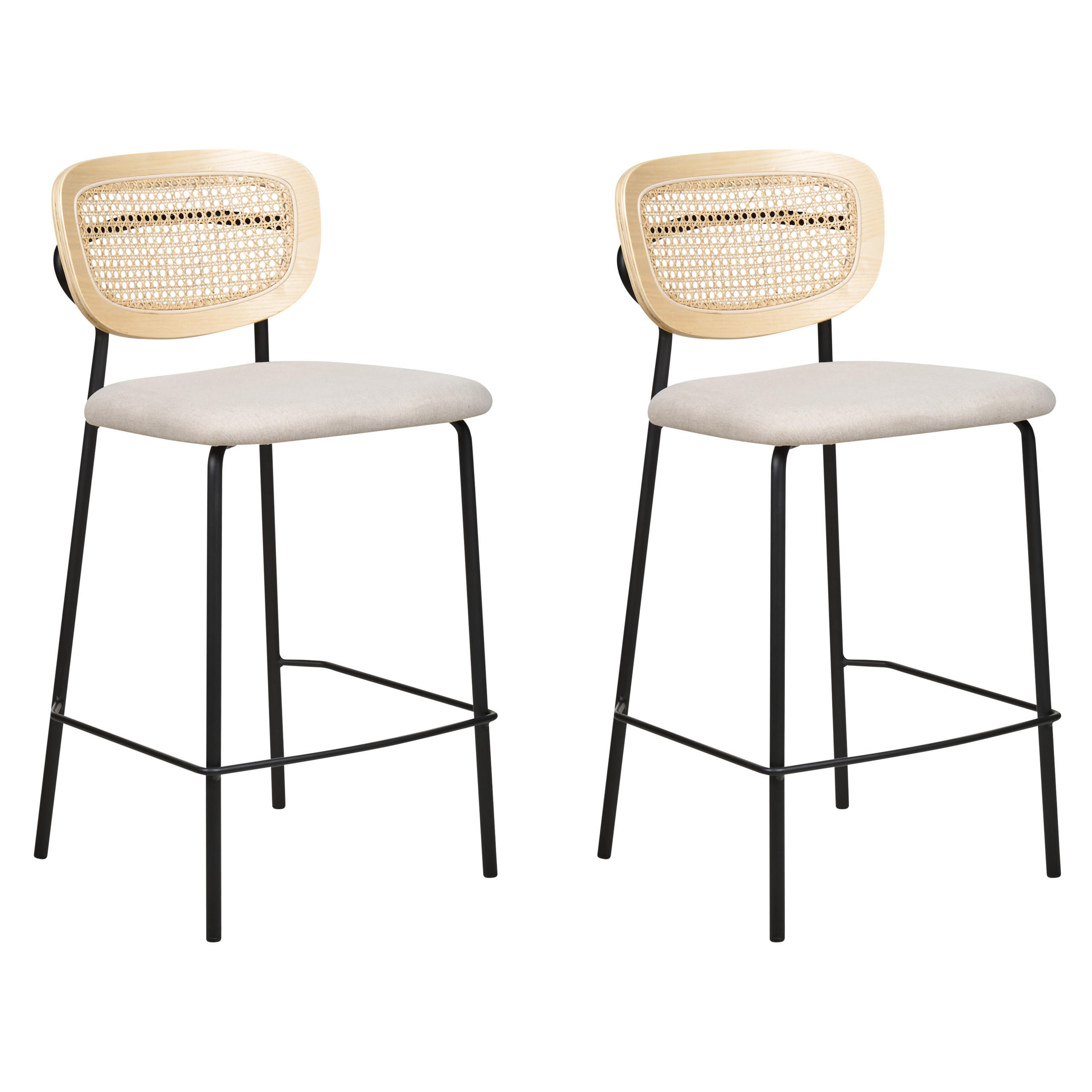 BARSTUHL 2er-Set Rattan/Metall hellbeige Mayetta - Beige/Schwarz, Textil (45/90/43cm) - Beliani