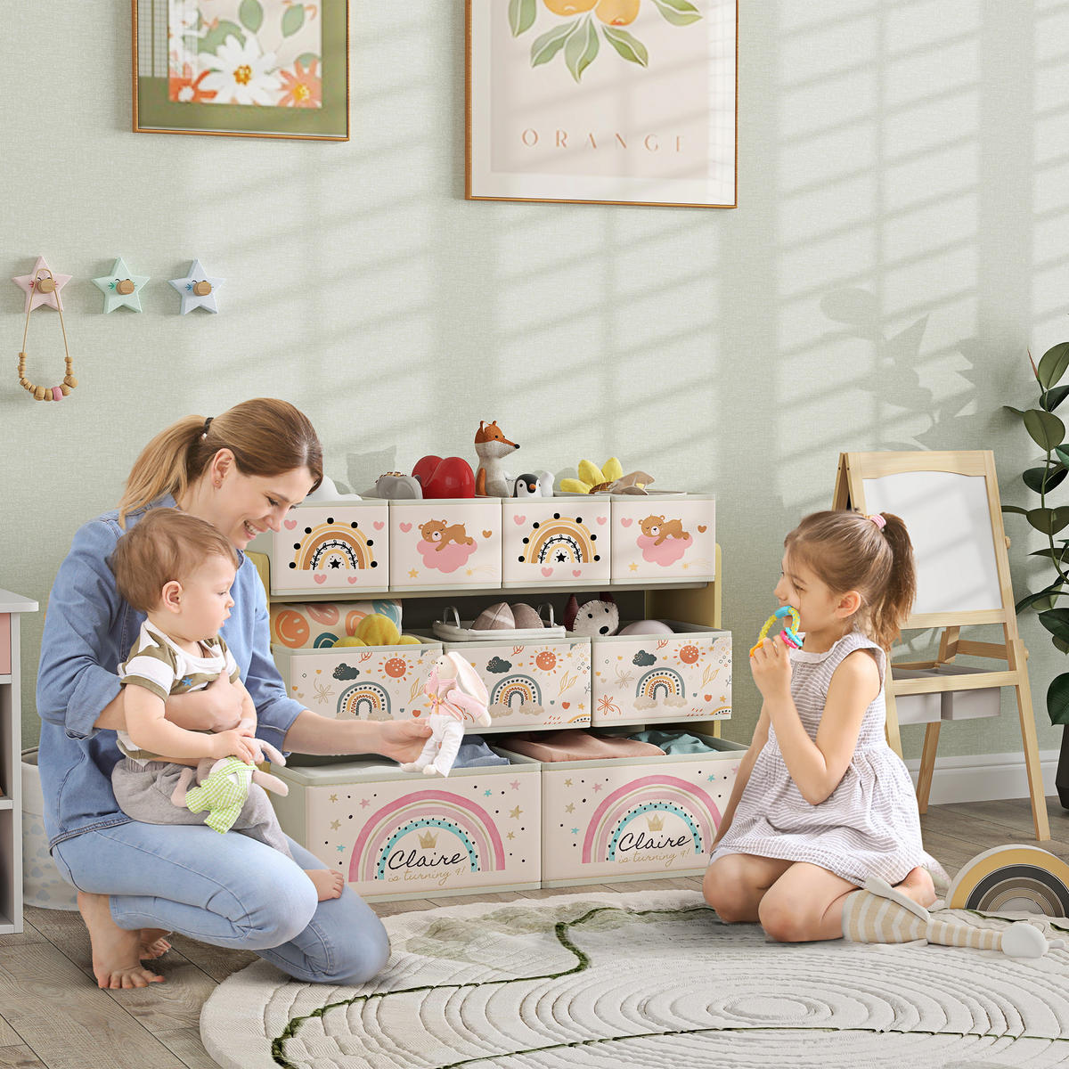 KINDERREGAL DE-17249 3 Ebenen mit 9 Aufbewahrungsboxen Gelb - Gelb, Textil (93/70/30cm) - ComfortXL
