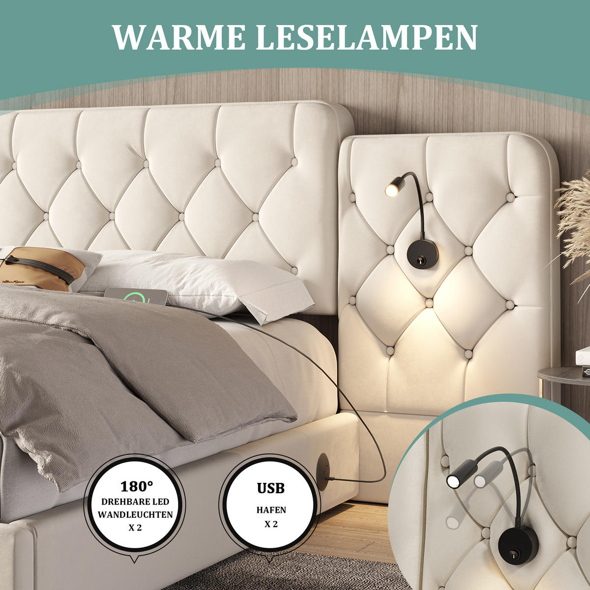 ČALOUNĚNÁ POSTEL samet béžový 160x200 cm s LED lampičkami na čtení a USB portem - béžová, textil (160/200cm) - Urban Meuble