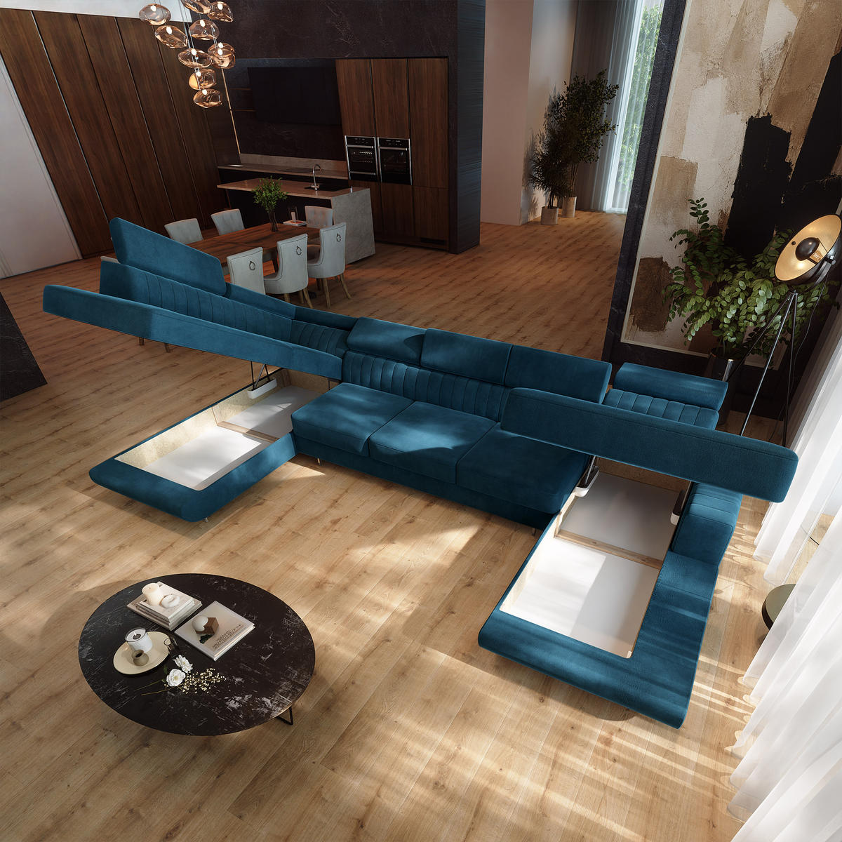 WOHNLANDSCHAFT GAIAN Blau Velours-Stoff mit Schlaffunktion - Blau, Holz (412/88/190cm) - MASSENO