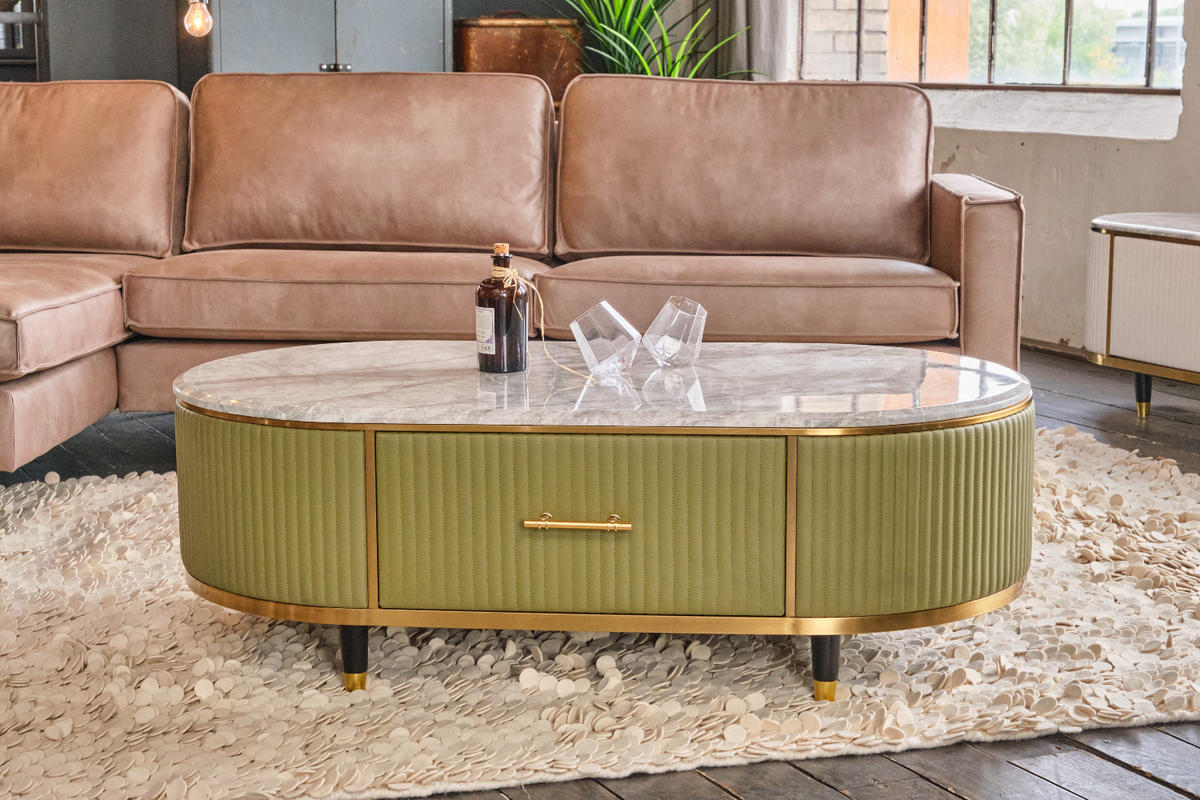 COUCHTISCH MARIA Grün Kunstleder - Schwarz/Grün, Stein/Metall (70/130/45cm) - KAWOLA