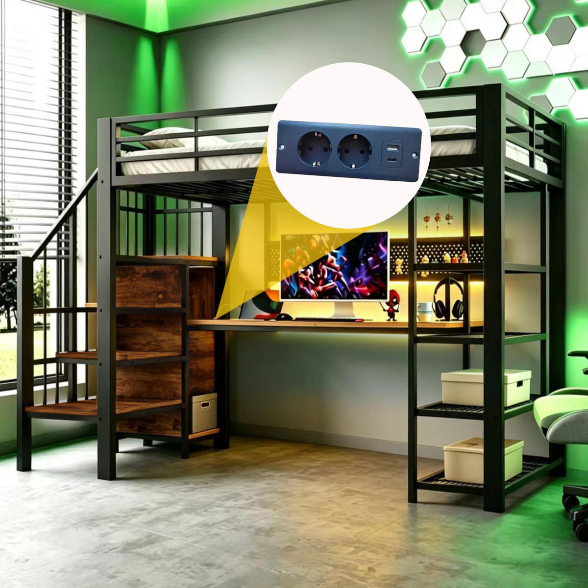HOCHBETT 90/200 cm in Schwarz mit Treppe, LED und Steckdosen - Schwarz, Holzwerkstoff/Metall (90/200cm) - WISHDOR