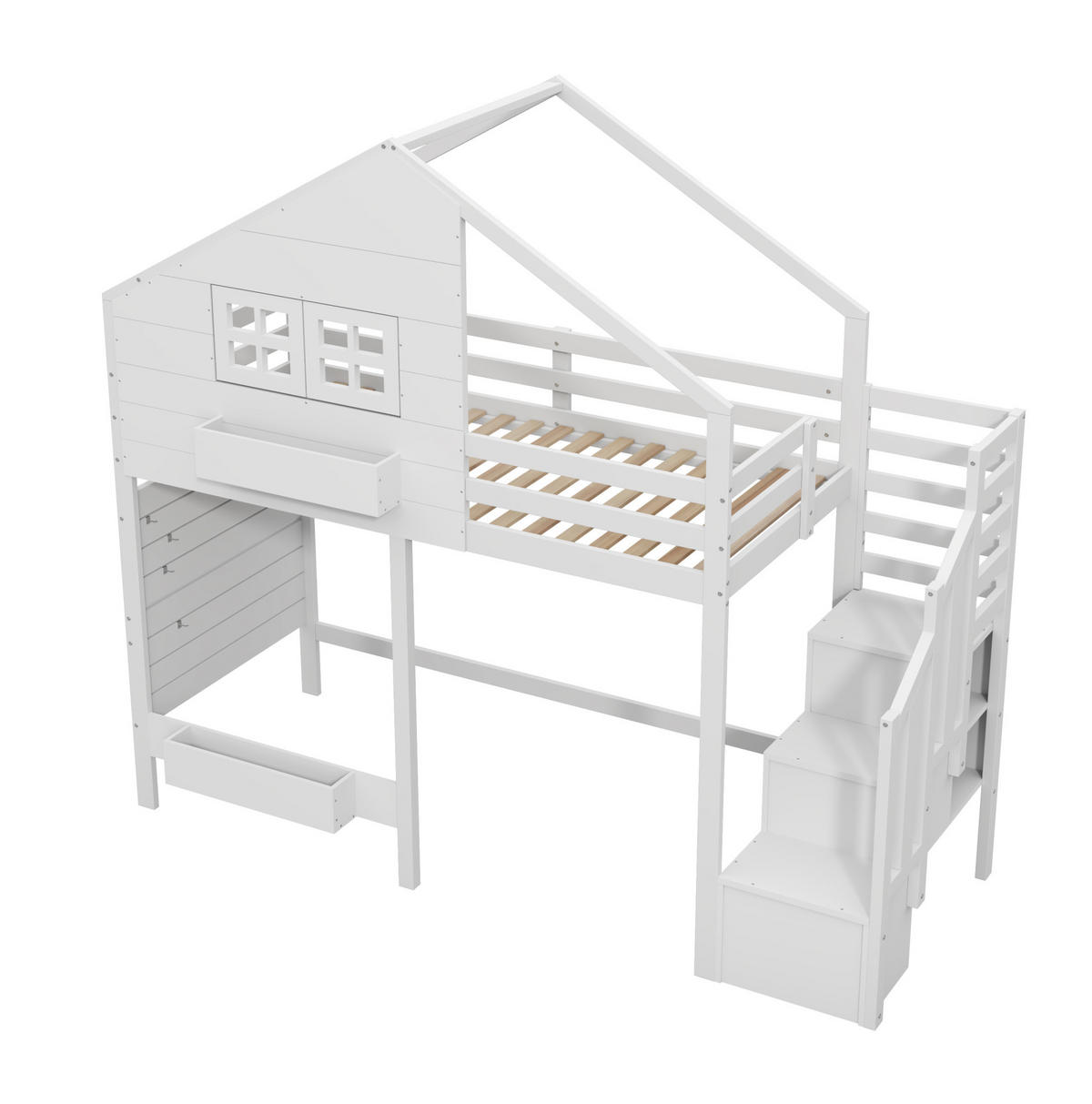 ETAGENBETT 90/200 cm Weiß aus Kiefer Massivholz mit Stauraumtreppe und Fenster - Weiß, Holzwerkstoff (90/200cm) - OKWISH