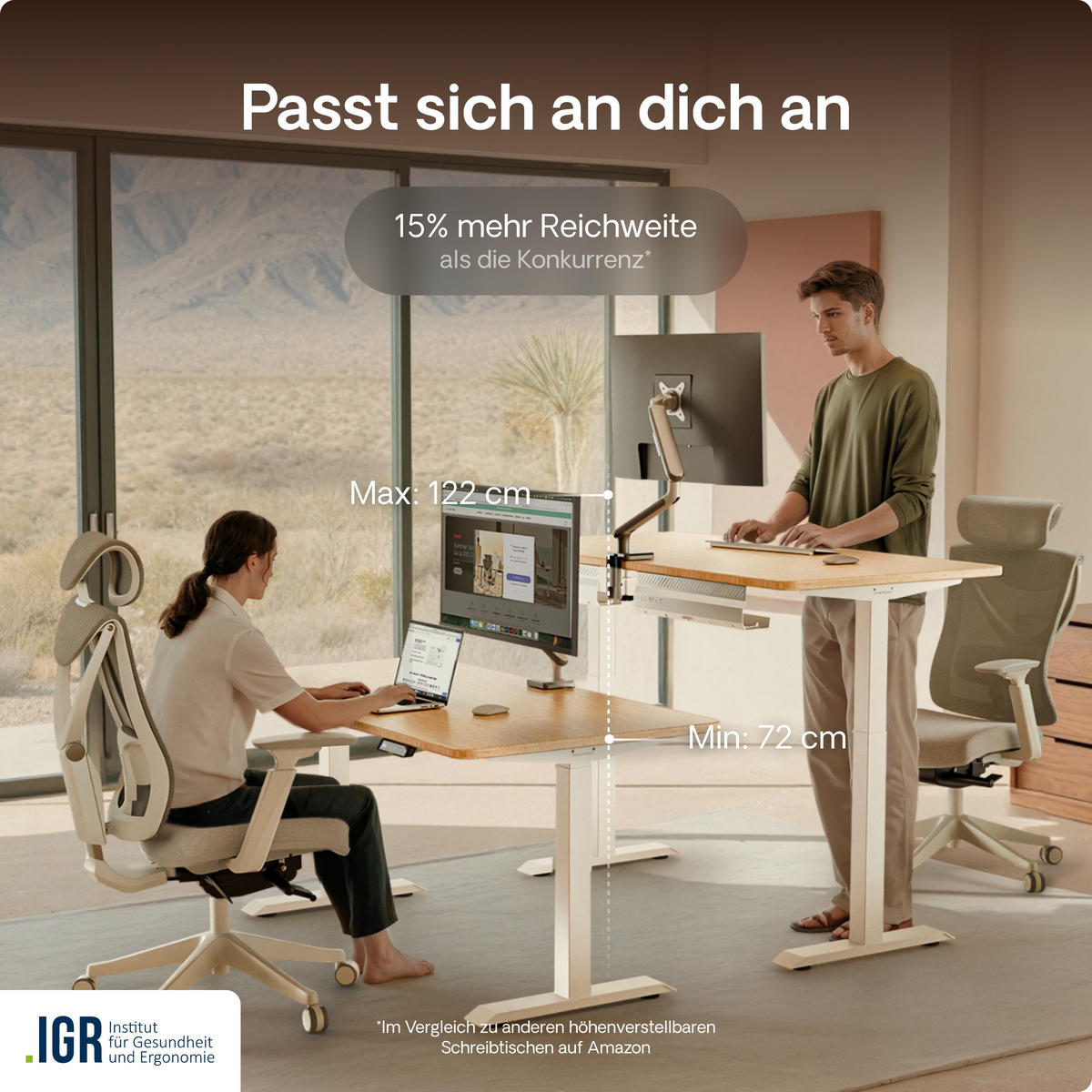 SCHREIBTISCH Elektrisch Höhenverstellbarer HomeOne 140x70cm Weiß/Bambus mit Memory-Funktion, Anti-Kollisions Technologie - Hellgelb/Weiß, Holz (70/140/72cm) - Desktronic