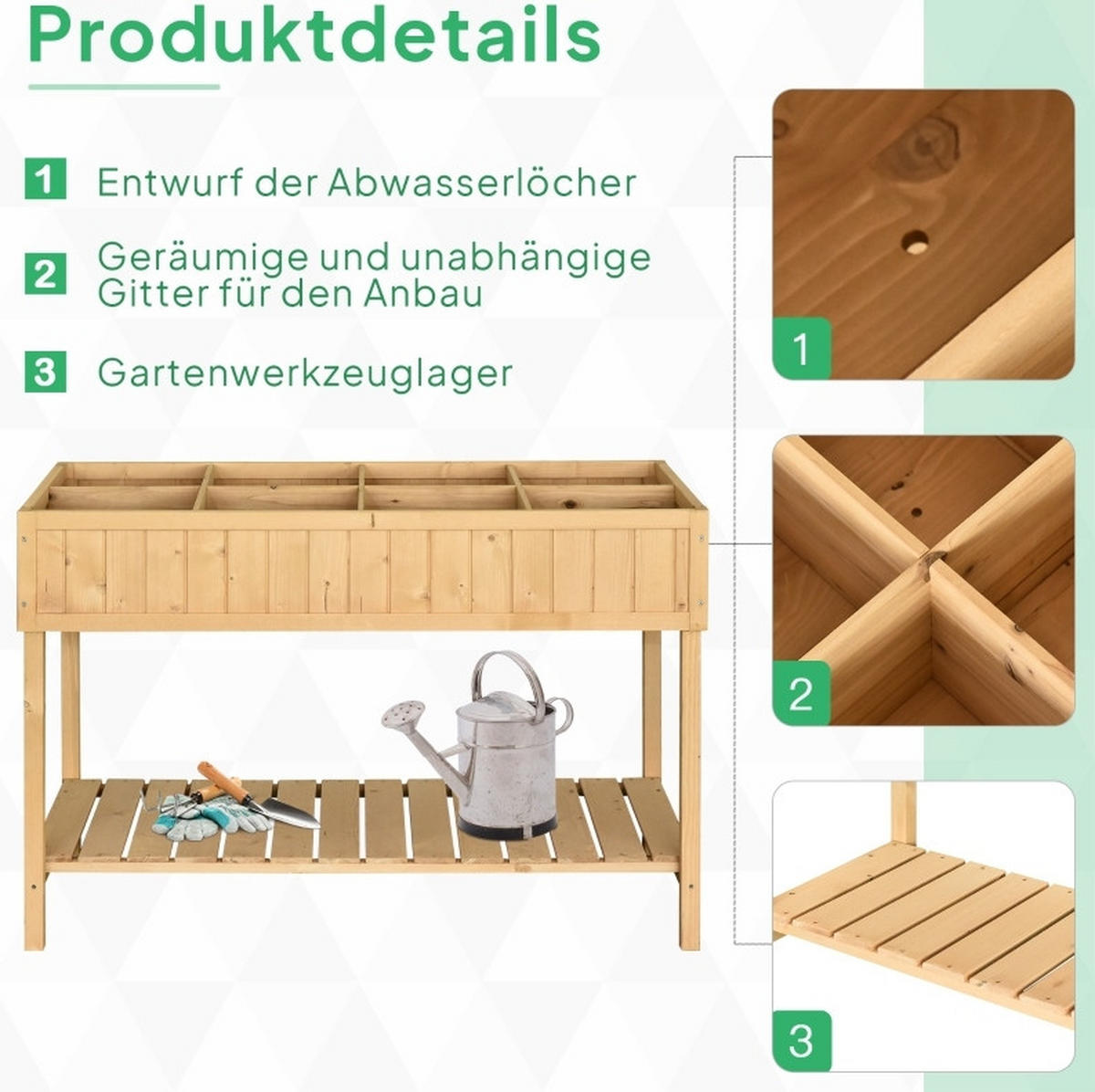 BLUMENKASTEN aus Tannenholz 110x46x76cm in Natur mit 8 Fächern & Abfluss - Naturfarben, Holz (46/76/110cm) - Modfu