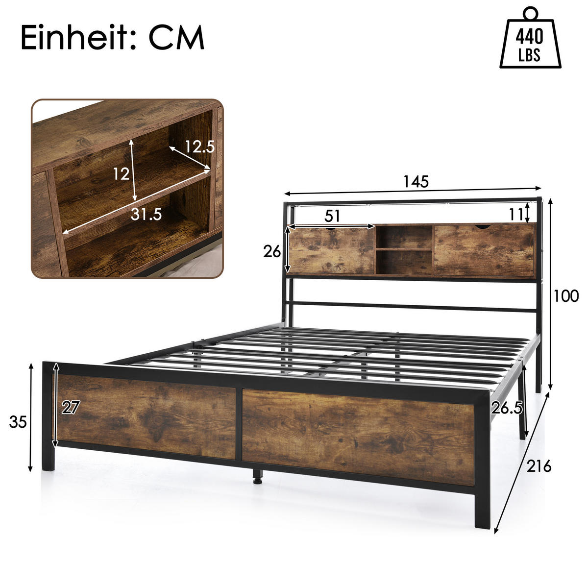 BETT 140/200 cm mit Stauraum und Holzmaserung - Naturfarben, Metall (140/200cm) - OKWISH