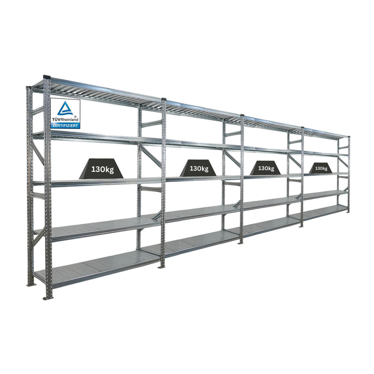 FACHBODENREGAL Proximo Stecksystem 200x600x40cm 5 Ebenen Fachlast 130 kg Beidseitig nutzbar Verzinkt - Silberfarben, Metall (600/200/40cm) - PROREGAL