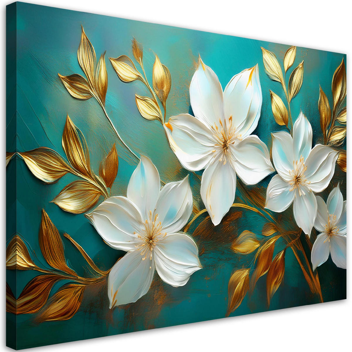 WANDBILD weiße blumen goldene türkisfarbene blätter - Goldfarben, Textil (60/40cm) - Feeby