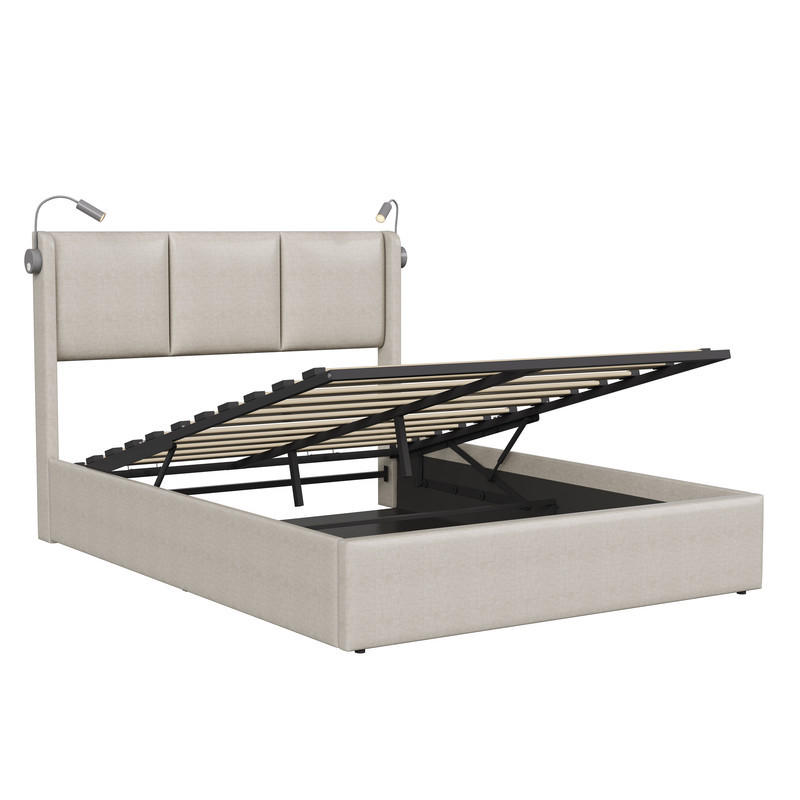 POLSTERBETT 160x200 cm mit Stauraum, Ladestation, Kopfteillampe - Beige, Holzwerkstoff/Textil (160/200cm) - WoodenAura