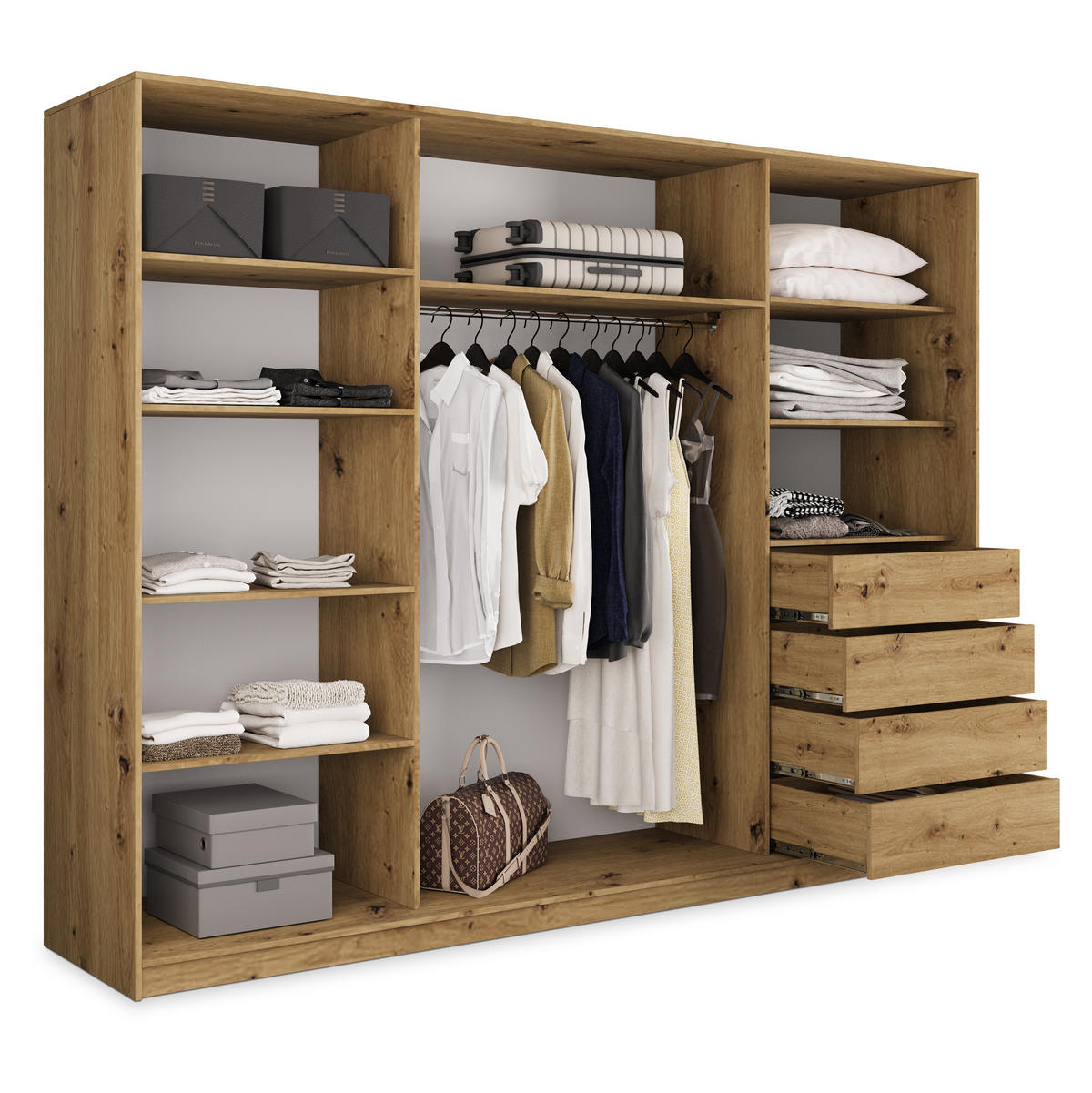 SCHWEBETÜRENSCHRANK SORE 250/205/58 cm 3-türig mit Spiegel und Schubladen Schwarz / Eiche Artisan - Silberfarben/Schwarz, Holzwerkstoff (250/205/58cm) - MASSENO