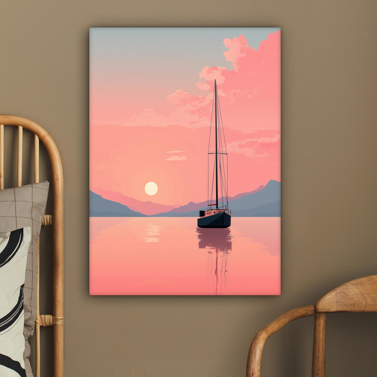 LEINWANDBILD Segelboot - Rosa Meer - Sonnenuntergang - Berge Wandbild Wohnzimmer 60x80 cm - Rosa, Textil (60/80cm) - MuchoWow