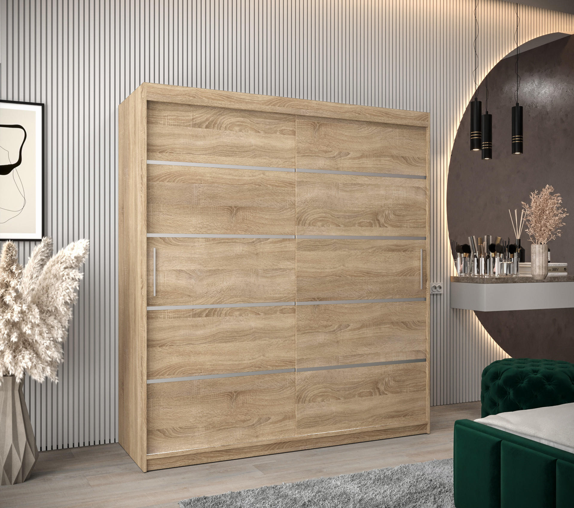 SCHWEBETÜRENSCHRANK 200/180/62 2-türig - Silberfarben/Sonoma Eiche, Holz/Kunststoff (180/200/62cm) - Abiks Möbel