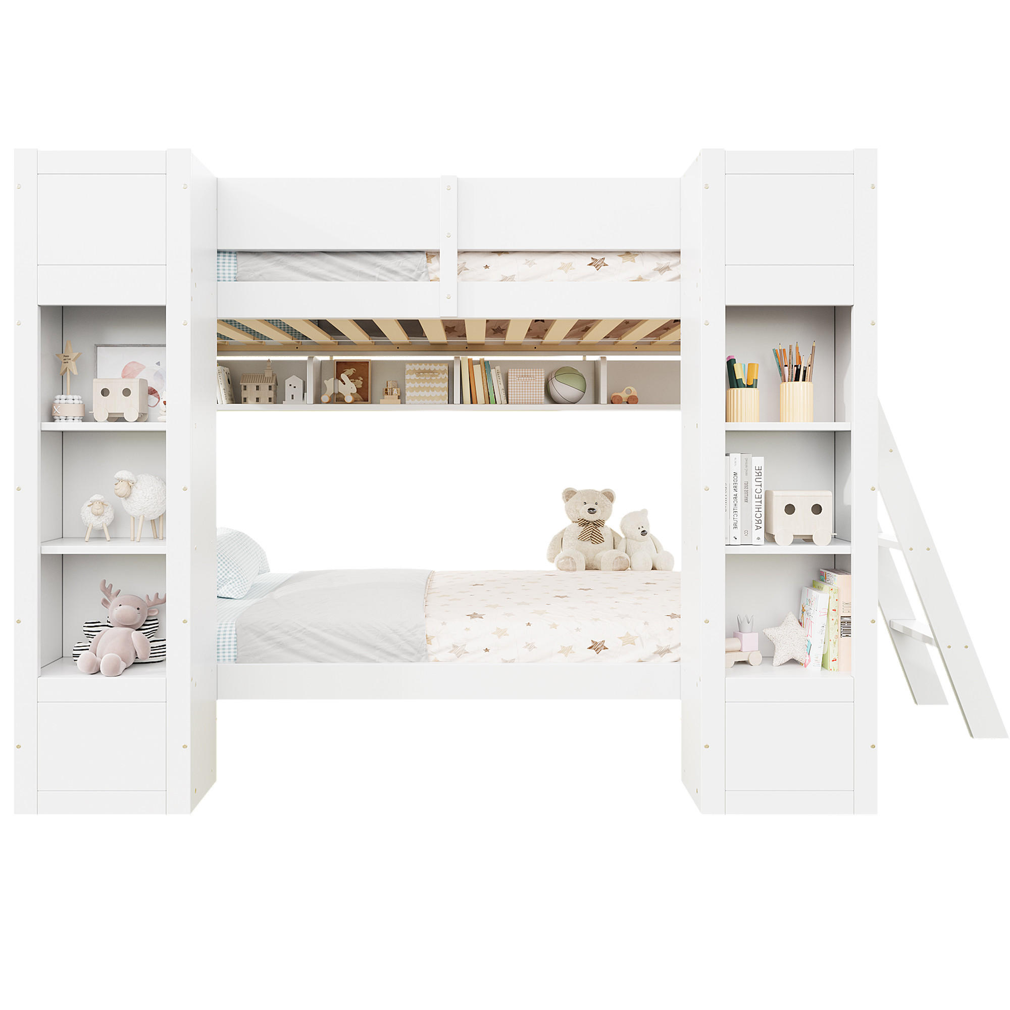 ETAGENBETT 90/200 cm in Weiß mit 2 Frontschränken, Hängeregal, Leiter und Rausfallschutz aus Massivholz und MDF - Weiß, Holzwerkstoff (90/200cm) - STILVORA