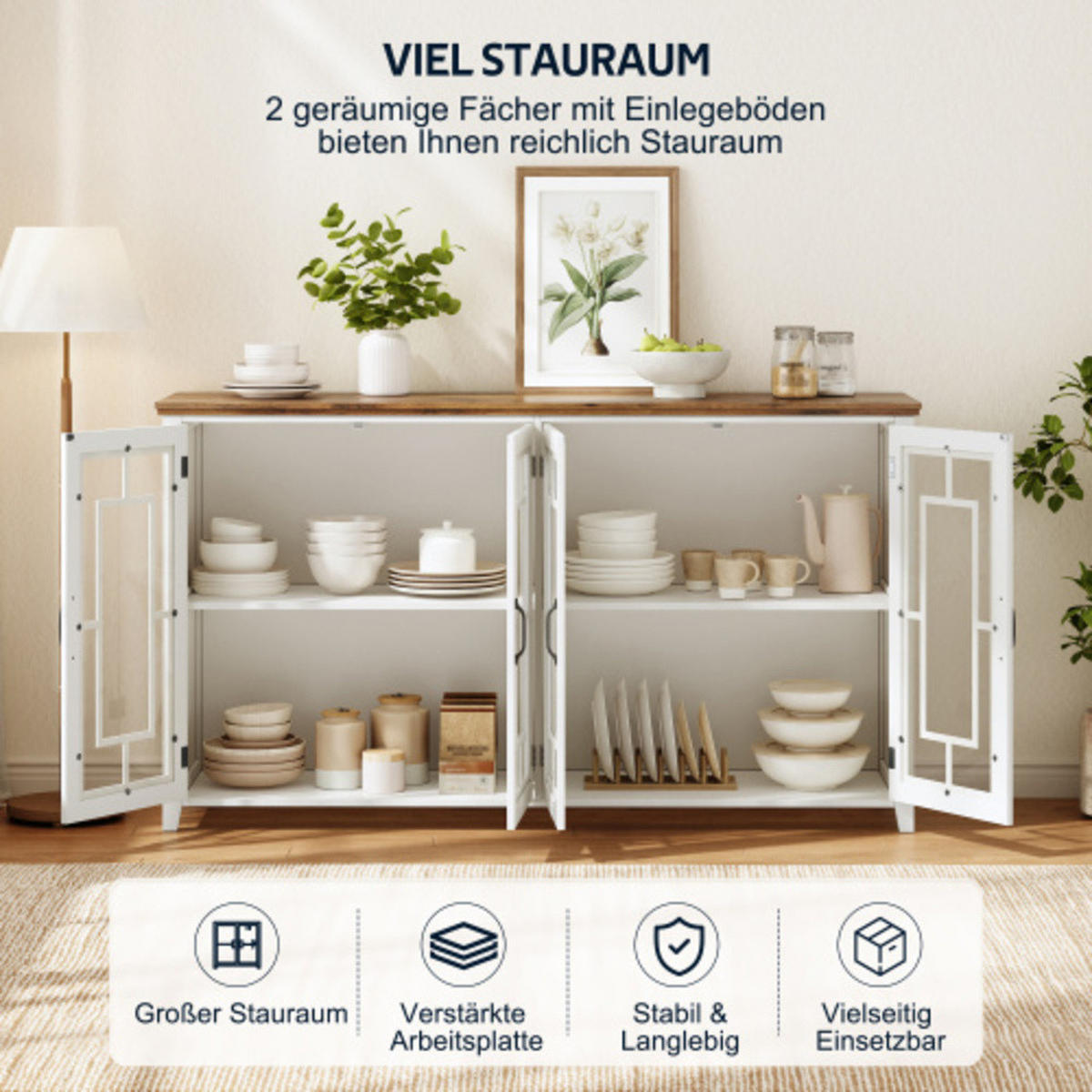 SIDEBOARD weiß aus MDF mit Retro-Holzmaserung-Platte 160 × 40 × 86 cm - Weiß, Holzwerkstoff (160/86/40cm) - Luhomfu