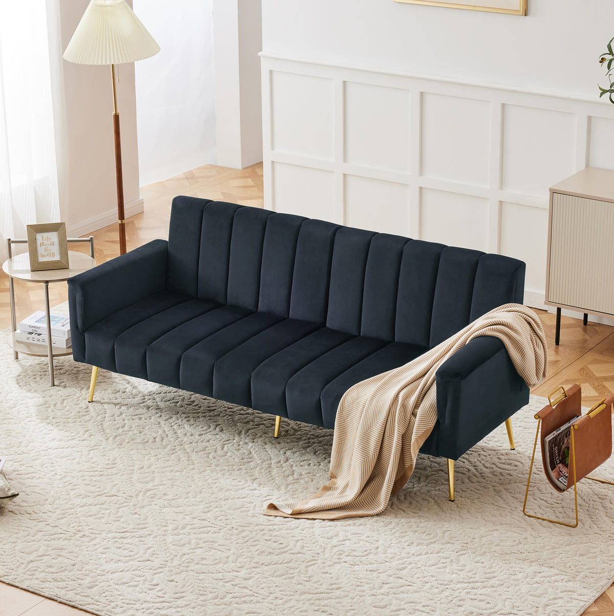 SCHLAFSOFA, Samt mit verstellbarer Rückenlehne & Armlehnen, 183/76/75 cm, Schwarz - Schwarz, Textil (76/75/183cm) - Redom
