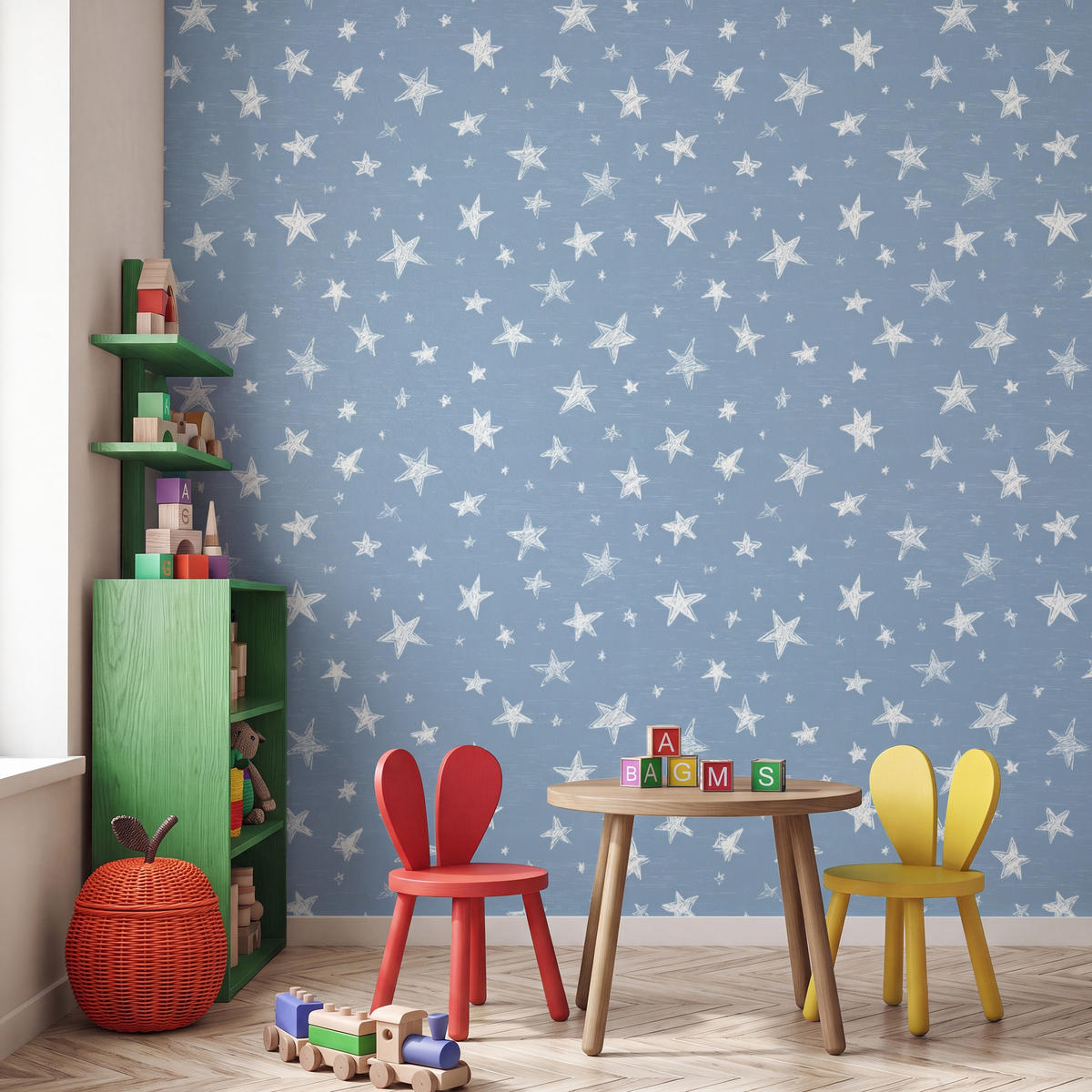 KINDERTAPETE - Sterne - Muster - Blau - 200x220 cm - Hellblau, Papier (200/220cm) - OnlyWow