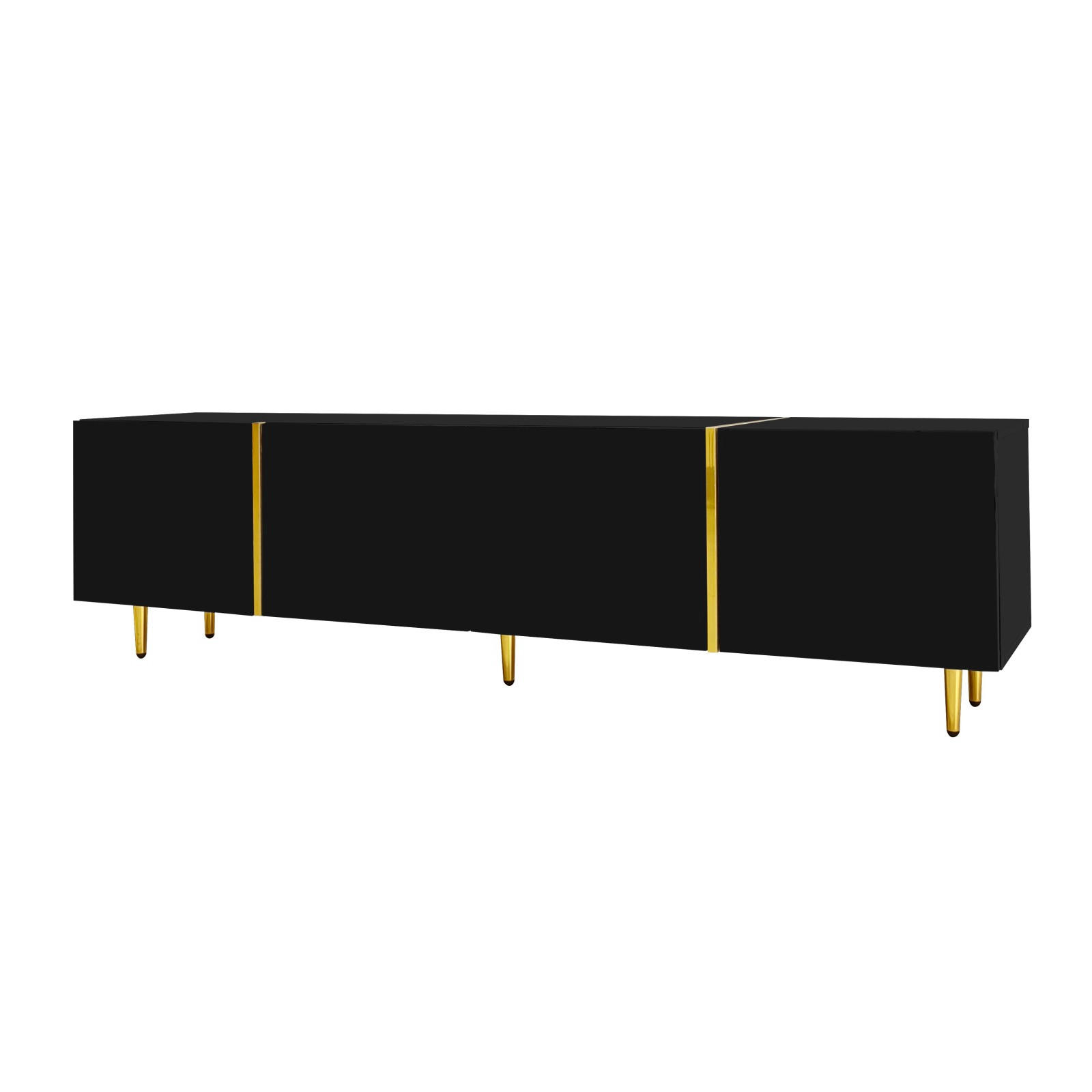 TV Lowboard 4 Türen, Hochglanz, goldene Füße, Schwarz - Schwarz, Holz (170/46/35cm)