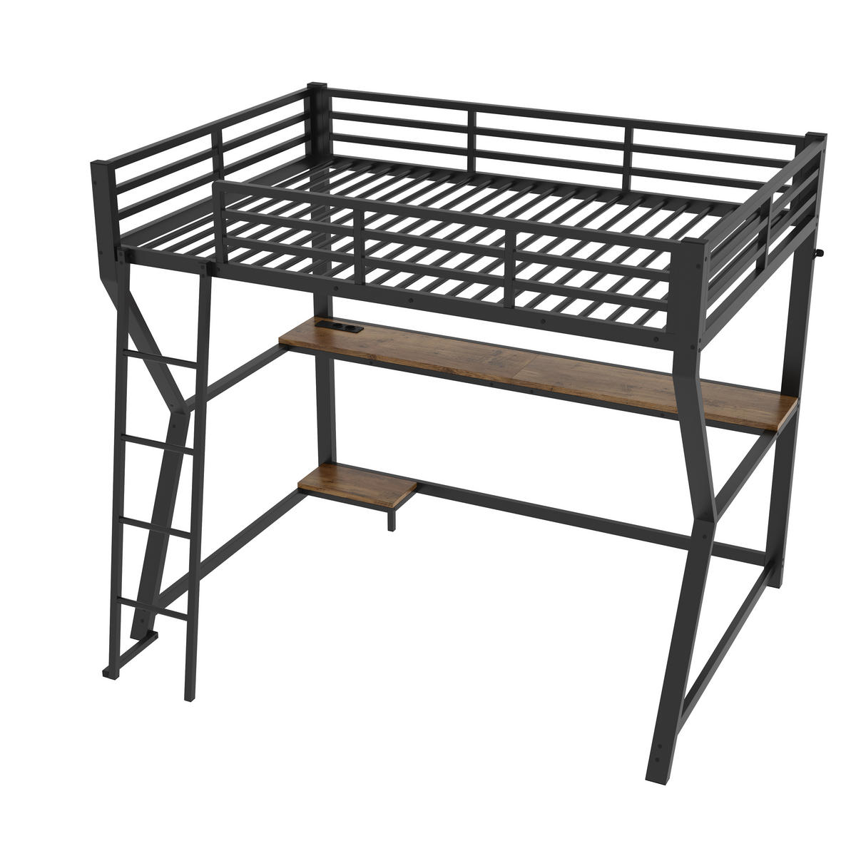 HOCHBETT 90/200 cm in Schwarz mit LED, Schreibtisch, Steckdose und USB - Schwarz, Holzwerkstoff/Metall (90/200cm) - STILVORA