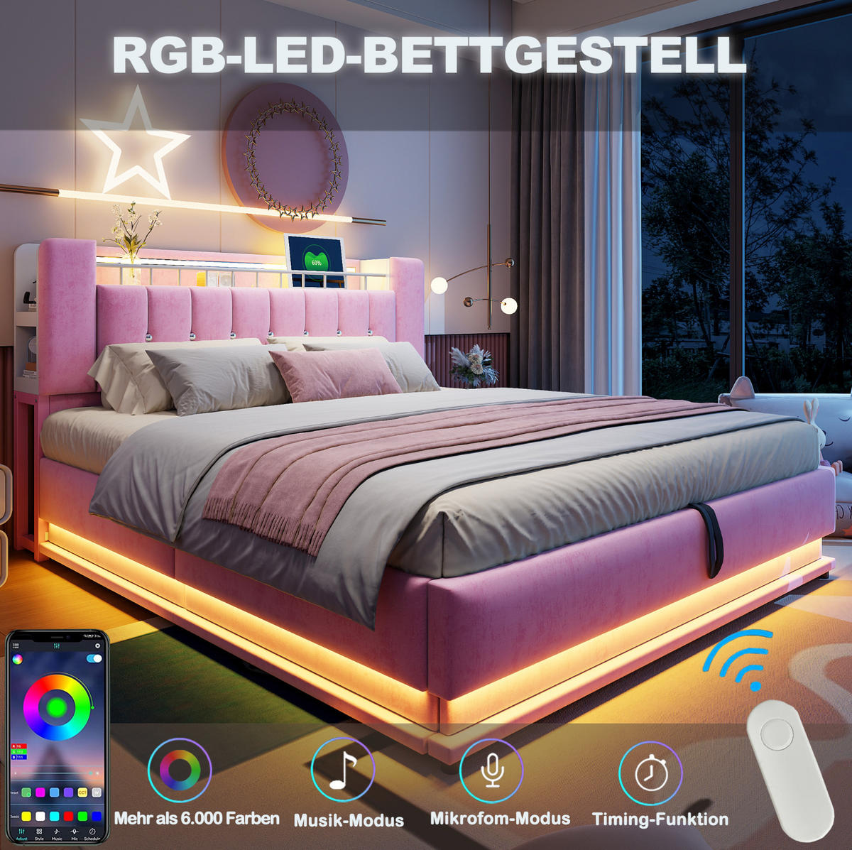 POLSTERBETT 180/200 cm mit LED-Beleuchtung, USB-Anschlüssen und hydraulischem Stauraum, Samt, Rosa - Rosa, Textil (180/200cm) - Redom