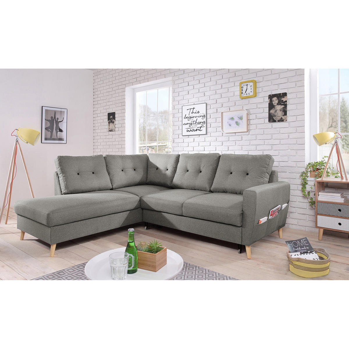 ECKSOFA mit Ottomane - Webstoff - Hellbraun/Grau, Holz/Textil (230/200cm) - home24
